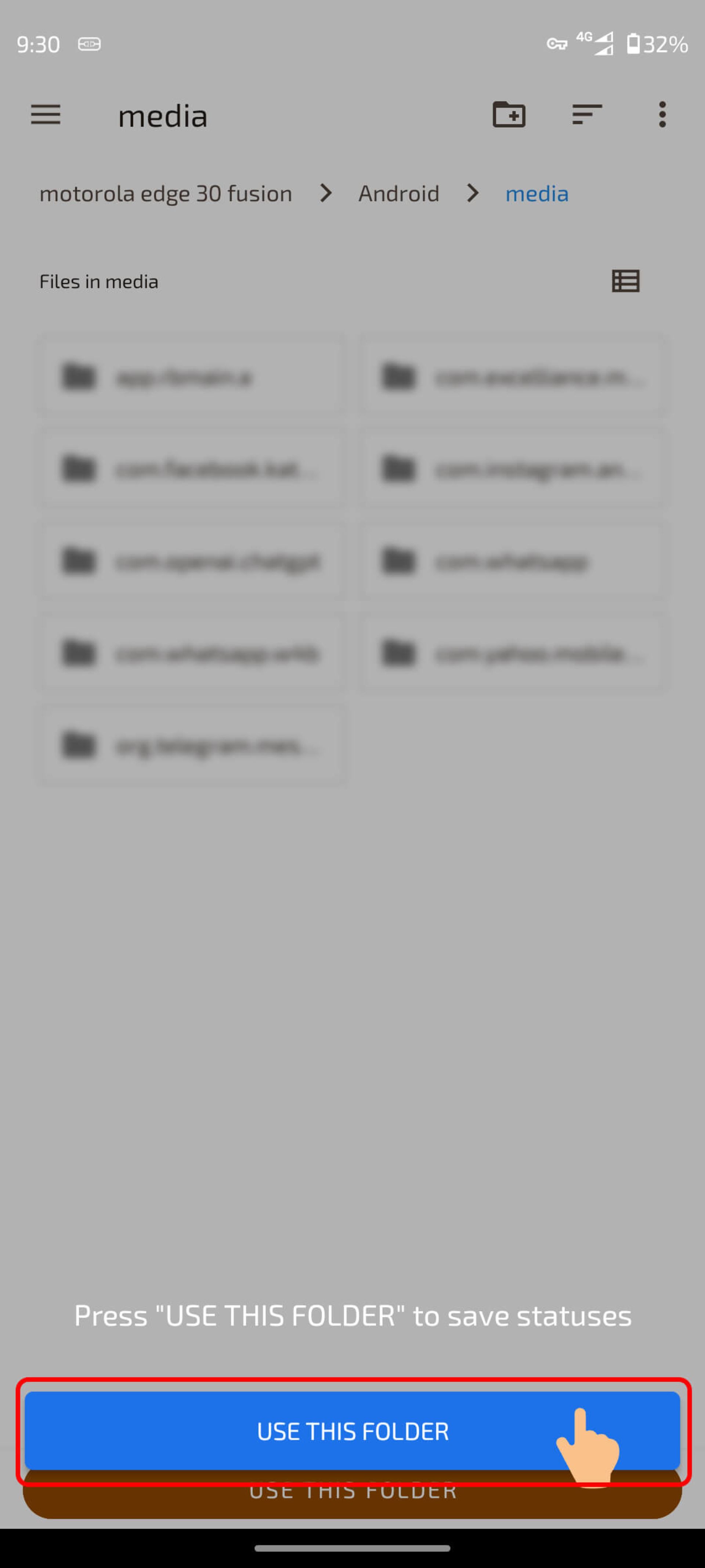 انتخاب use this folder جهت ساخت پوشه برای دانلود استاتوس واتساپ