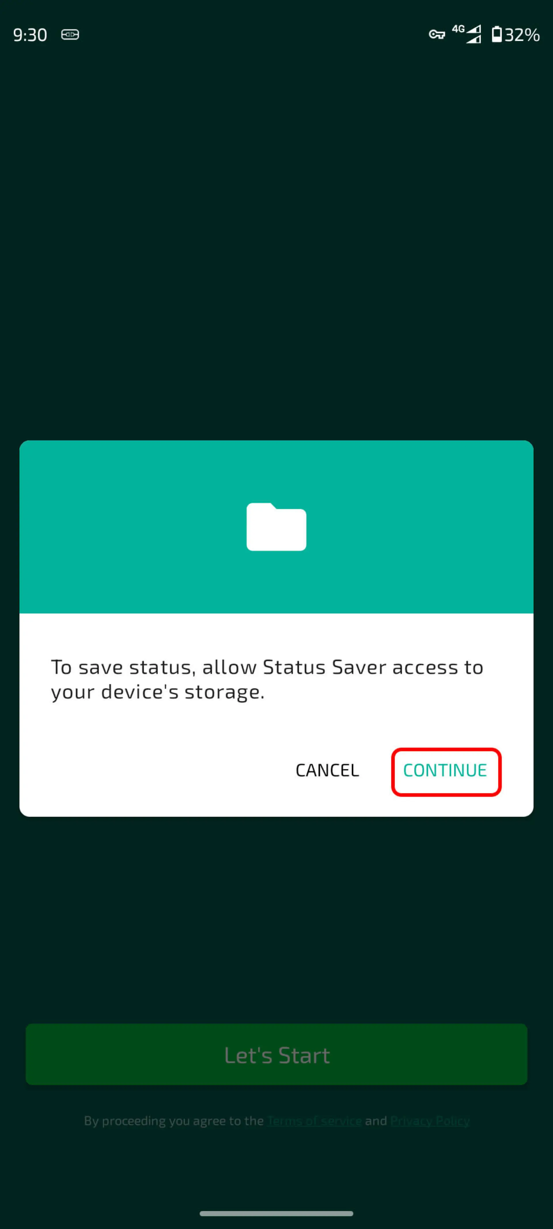 انتخاب CONTINUE برای دانلود استاتوس واتساپ