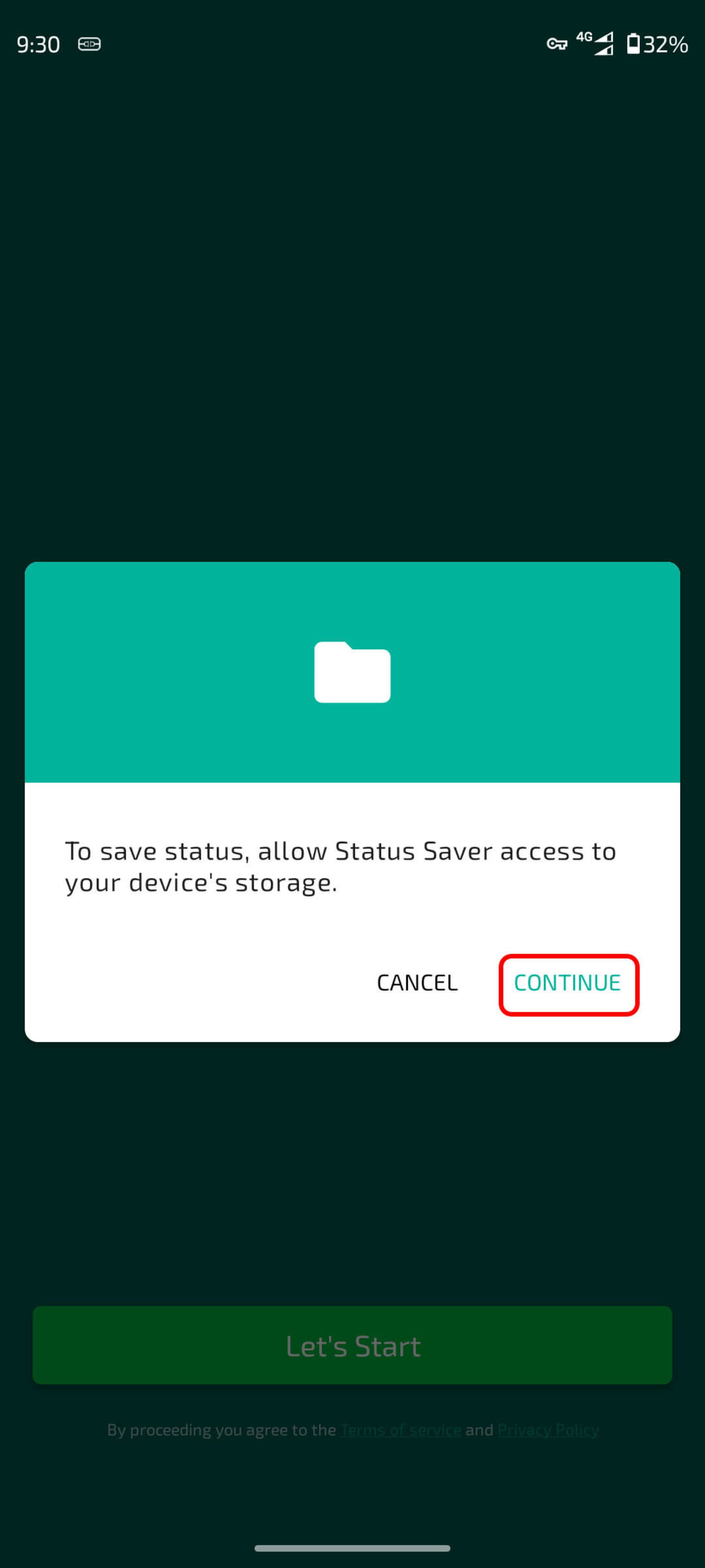 انتخاب CONTINUE برای دانلود استاتوس واتساپ