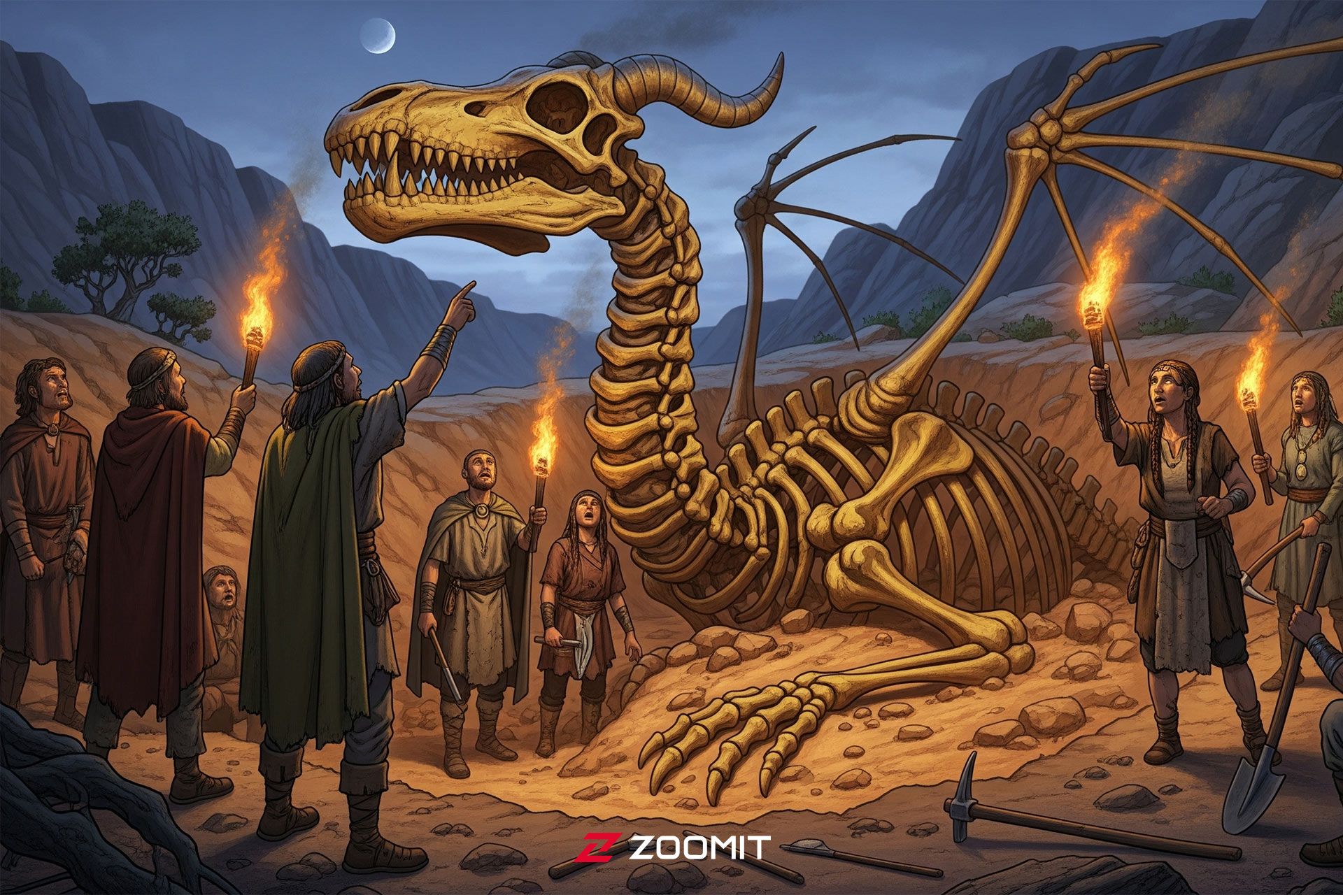 تصویرسازی از مردم باستانی پیرامون فسیل خیالی اژدها