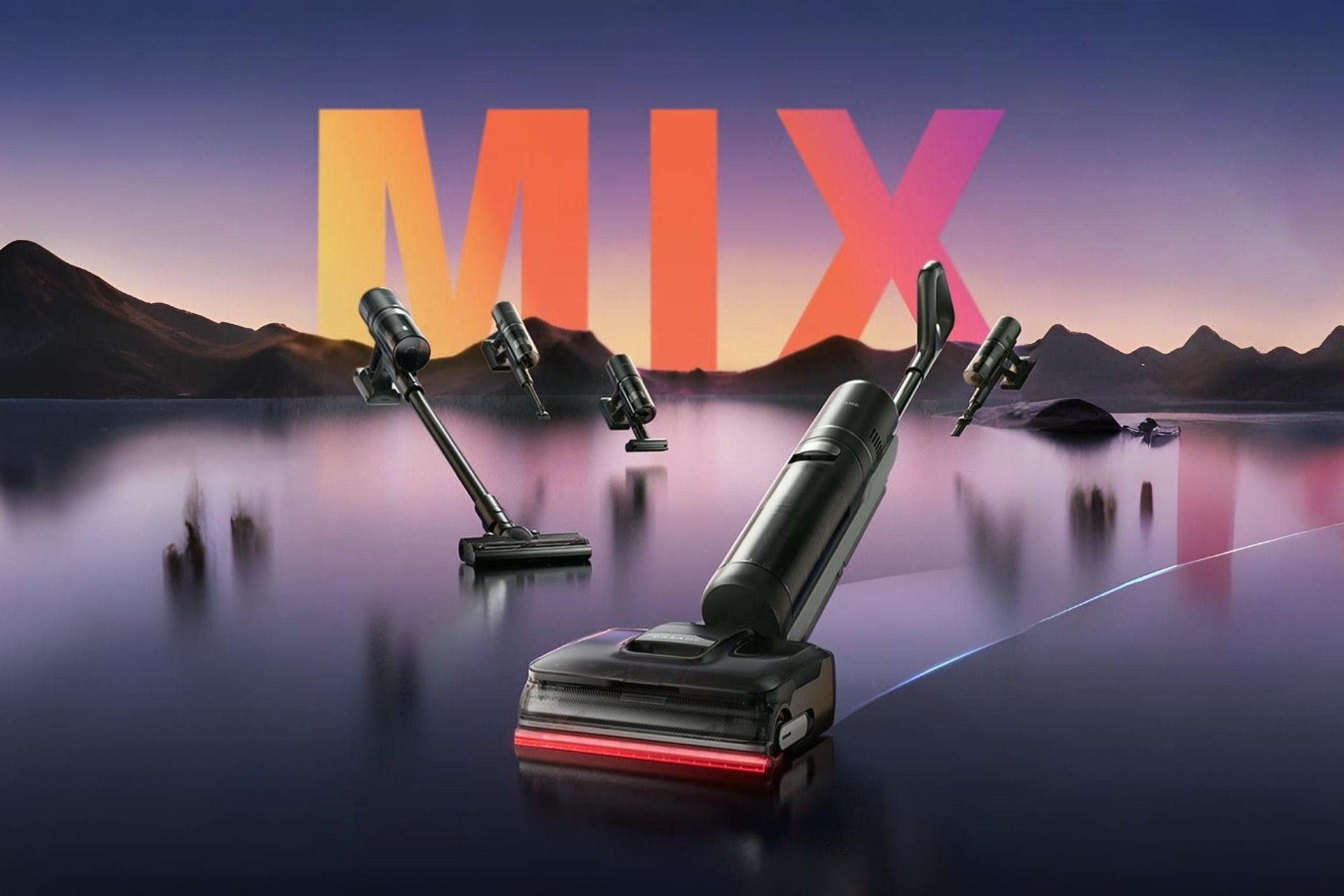 جاروبرقی دریمی T50 Mix روی سطح شفاف در پس‌زمینه‌ی غروب آفتاب