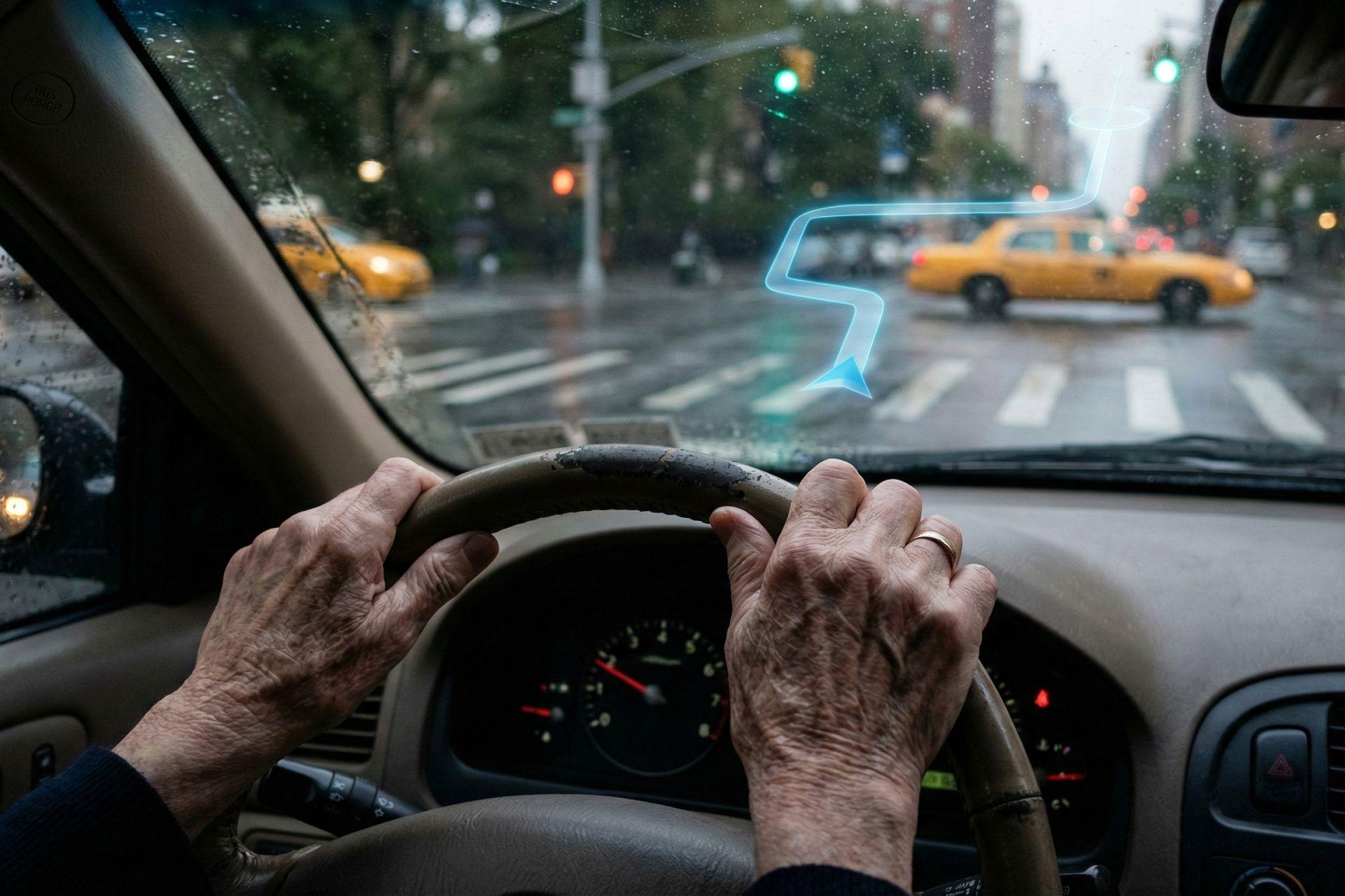 تصویرسازی از زاویه دید راننده: دستان فرد مسن روی فرمان ماشین، از شیشه جلو، تقاطع پیچیده شهری تار مشاهده می‌شود، با خطوط درخشان مسیر GPS که روی آن قرار گرفته است.