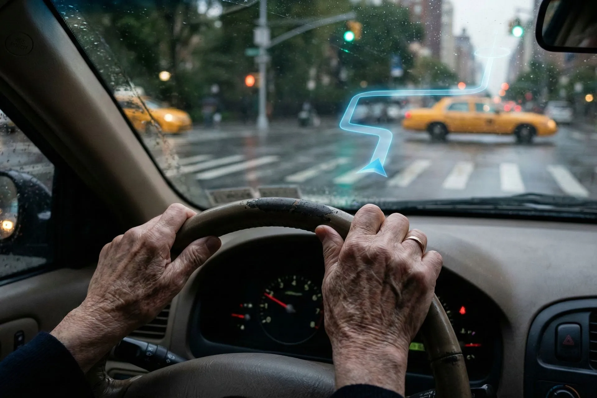 تصویرسازی از زاویه دید راننده: دستان فرد مسن روی فرمان ماشین، از شیشه جلو، تقاطع پیچیده شهری تار مشاهده می‌شود، با خطوط درخشان مسیر GPS که روی آن قرار گرفته است.