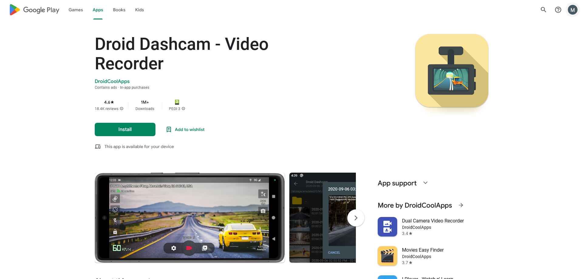 اسکرین‌شات از صفحه‌ی گوگل پلی Droid Dashcam