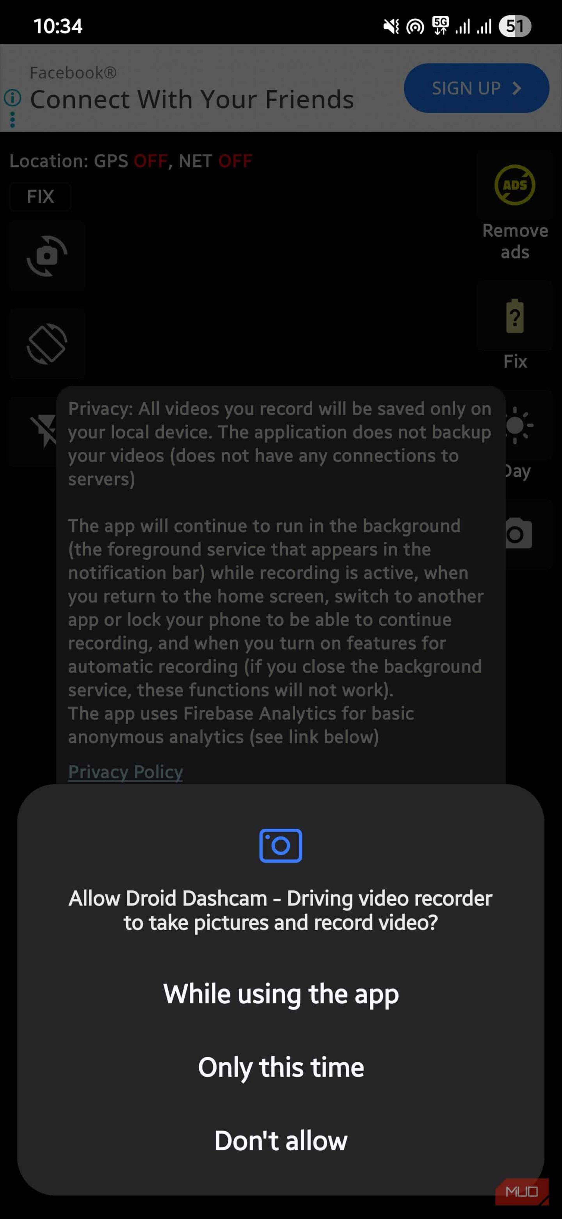 درخواست دسترسی‌ها در  Droid DashCam