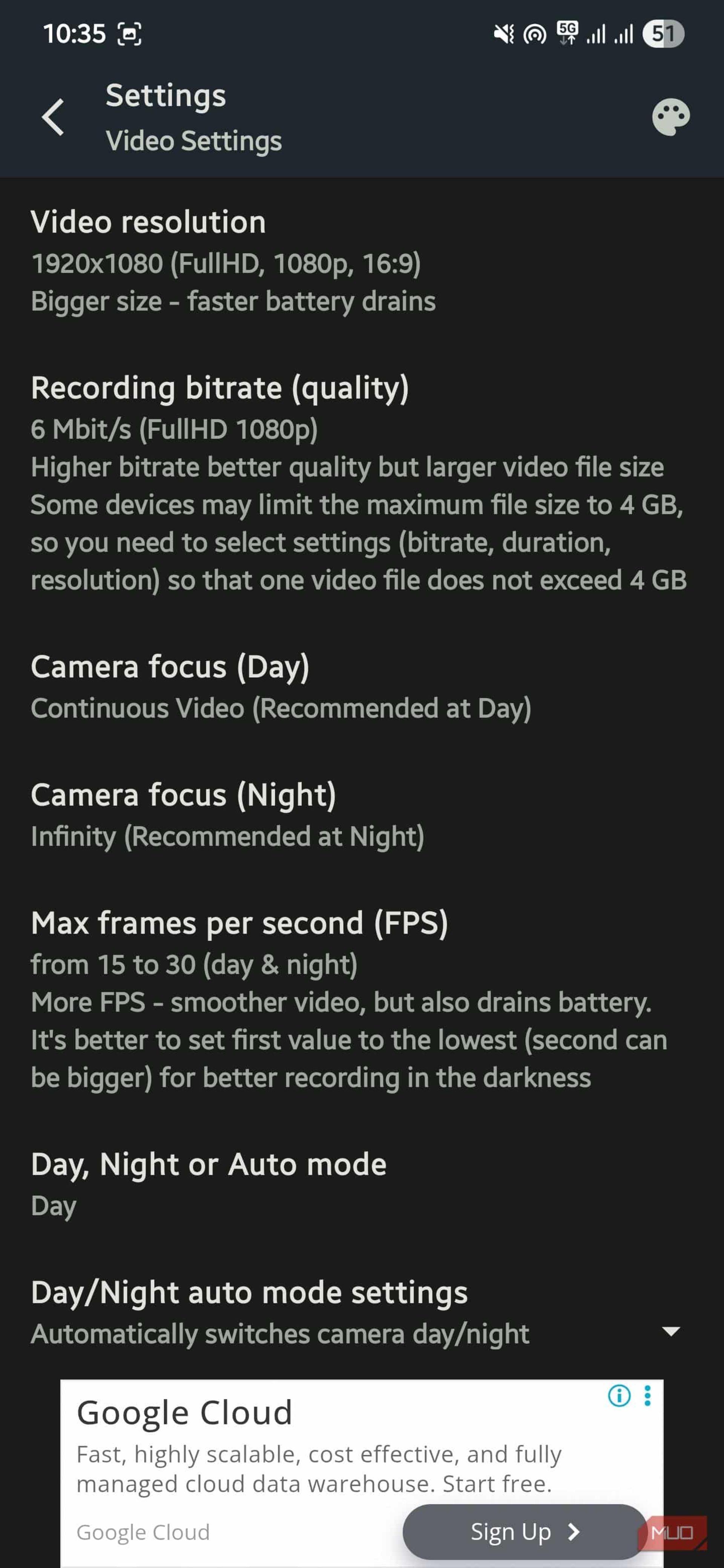تنظیمات ویدیو در Droid Dashcam