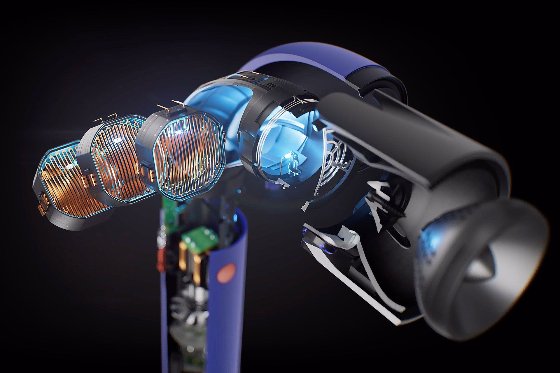 رندری از قطعات داخلی سشوار سوپرسونیک آر 