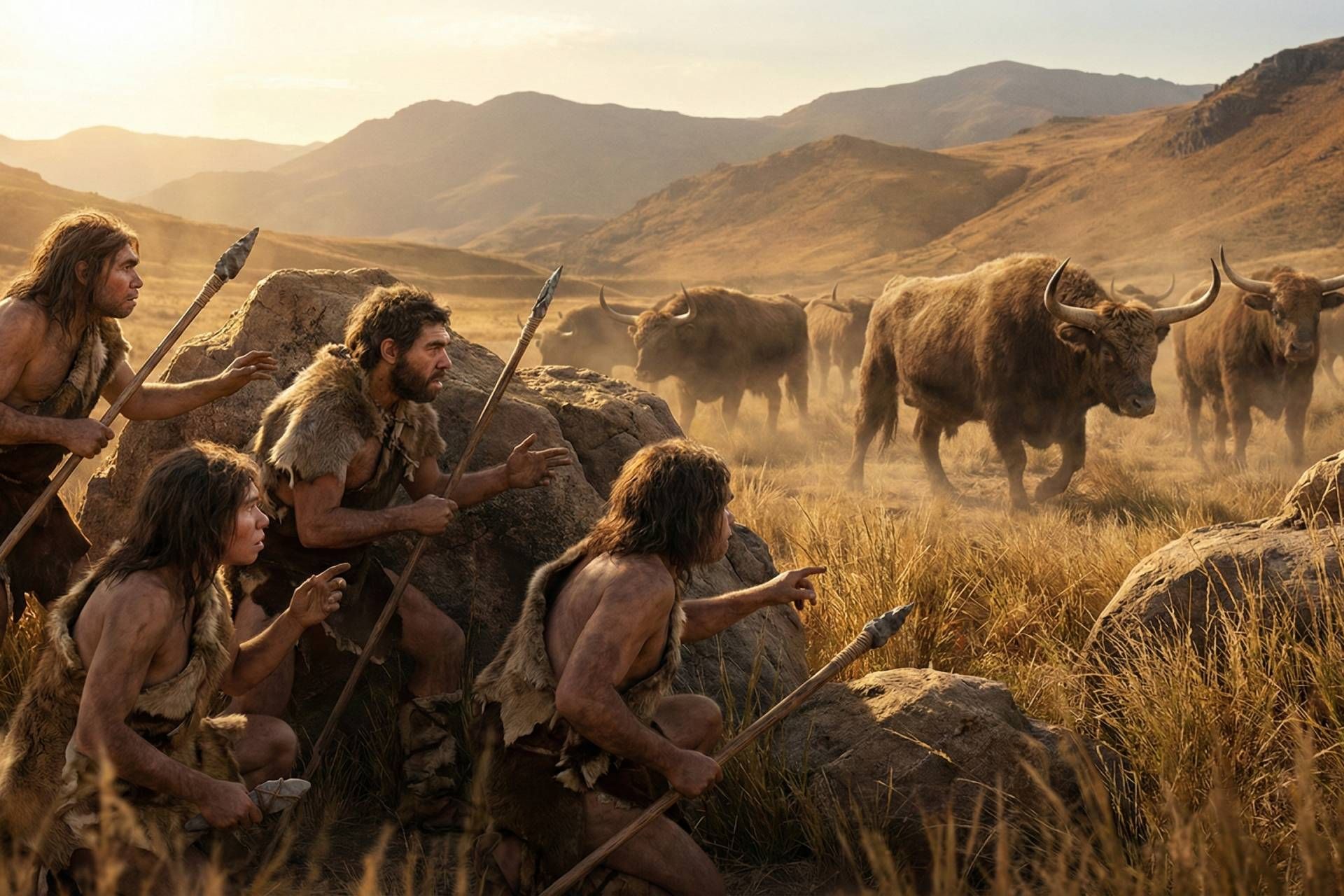 گروهی از انسان‌های خردمند اولیه در چشم‌اندازی پیشاتاریخی با هماهنگی استراتژیک برای شکار گله ای از گاوهای وحشی عظیم الجثه تلاش می‌کنند.