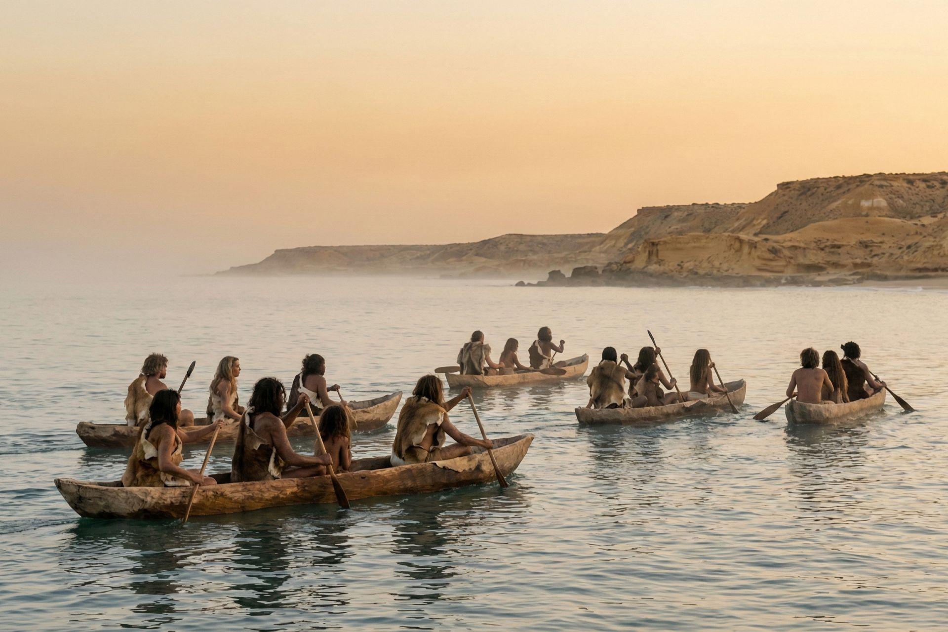 گروهی از انسان‌های اولیه در قایق‌های ابتدایی، در دریا به سمت قاره باستانی ساهول می‌روند.
