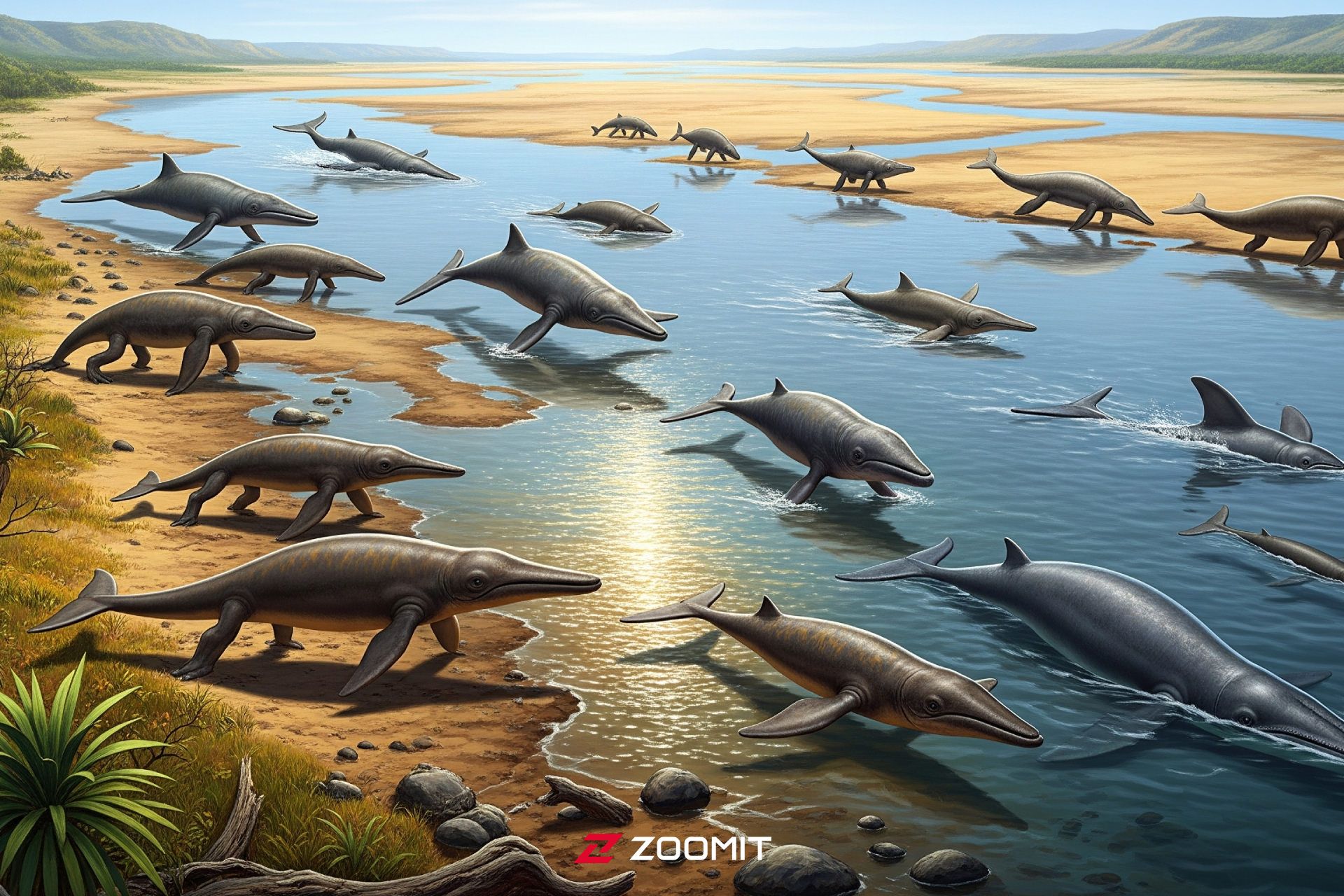 تصویرسازی دیجیتال از ۱۰ گونه نهنگ اولیه در خشکی و آب‌های کم‌عمق رودخانه‌های زمین باستانی.