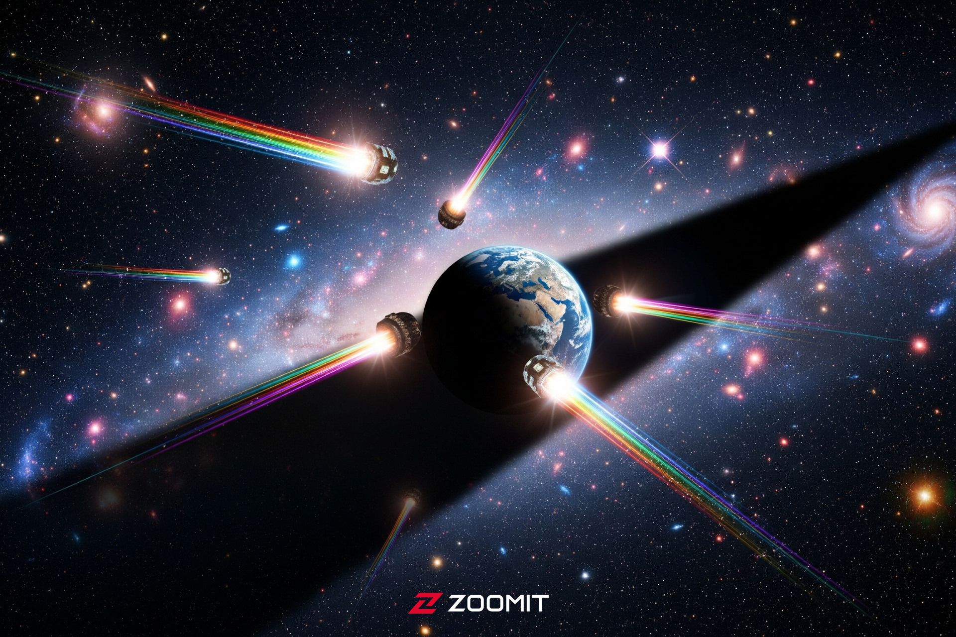 تصویرسازی دیجیتال زمین در مرکز، سایه زمین و اجرام مرموز فضایی با نورهای درخشان در فضای تاریک اطرافش.