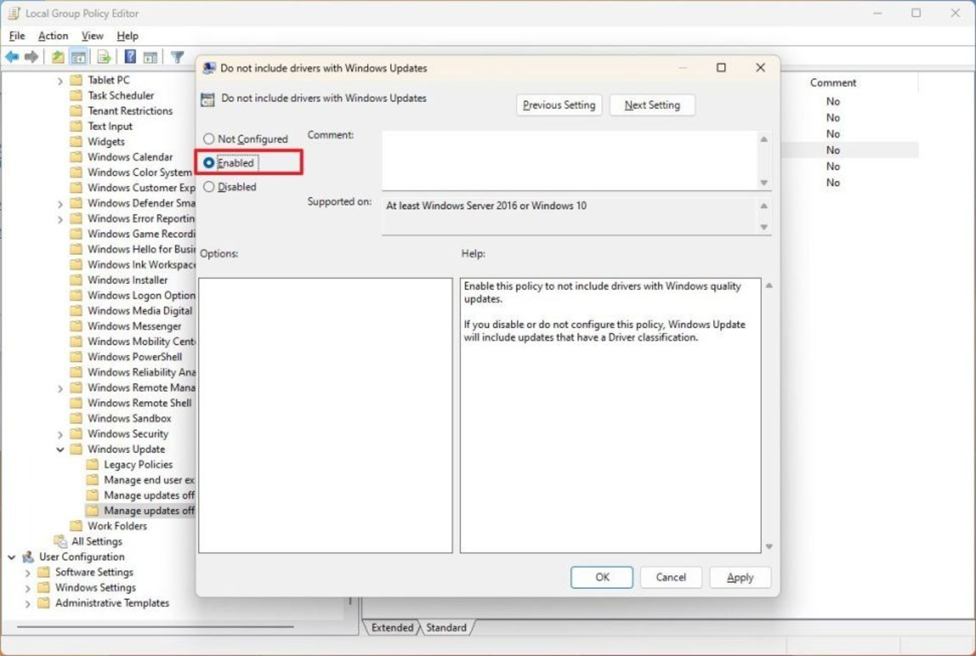 تنظیمات مربوط به توقف بروزرسانی در Group Policy Editor ویندوز ۱۱