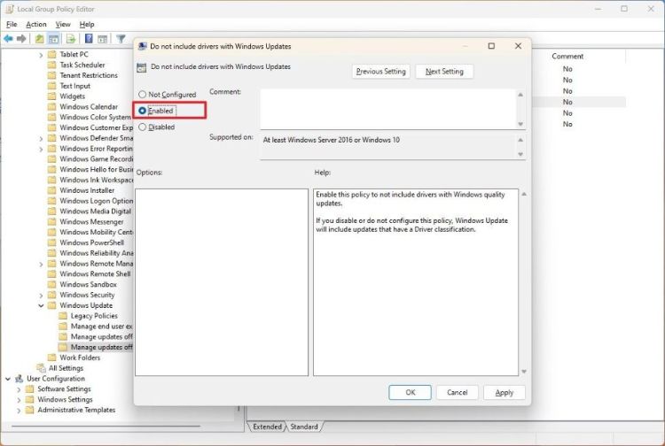 Settings related to stopping updates in Group Policy Editor Windows 11