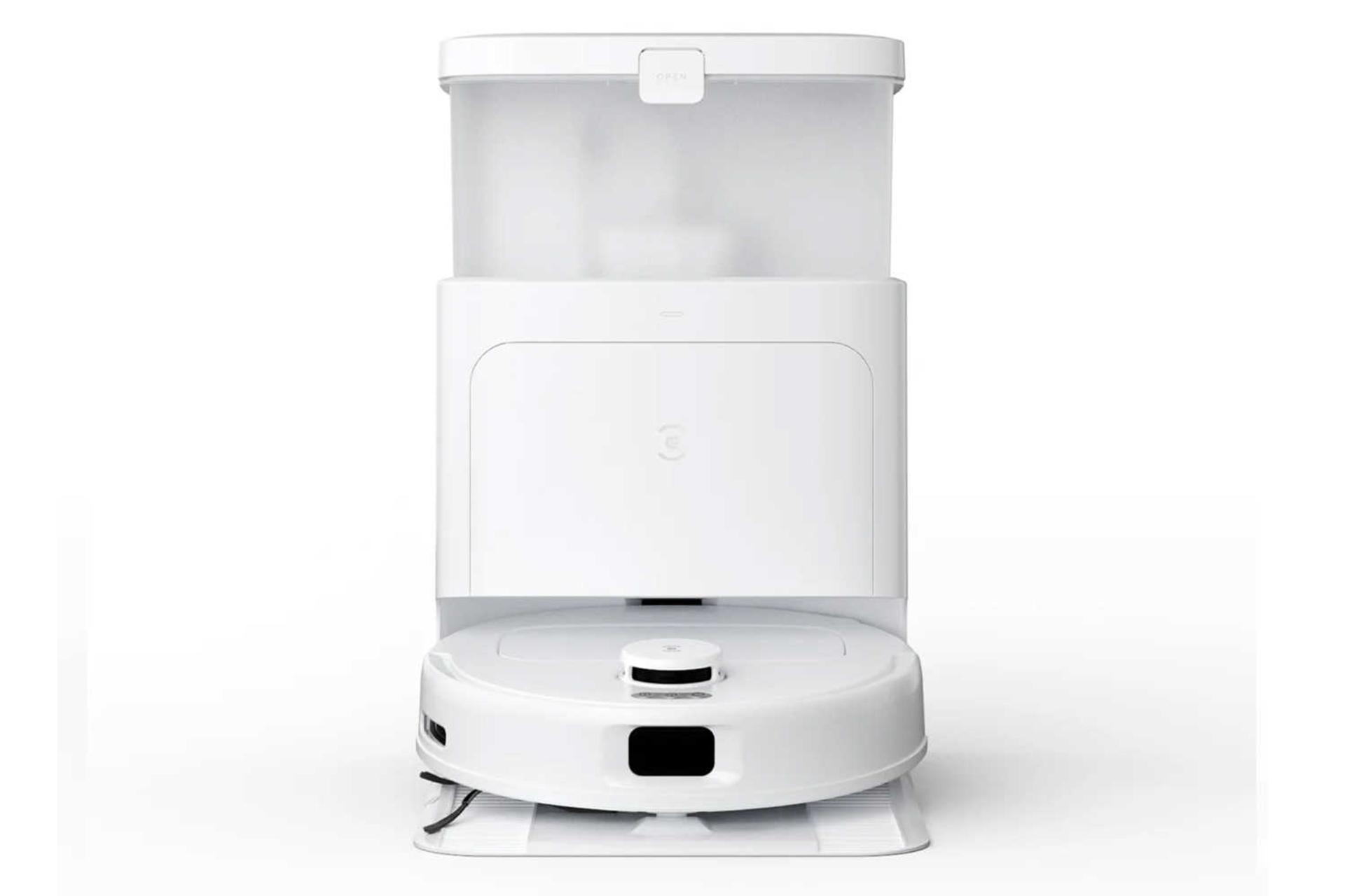 نمای جلوی جارو رباتیک اکووکس DEEBOT N30 PRO OMNI به همراه مخزن تخلیه زباله رنگ سفید