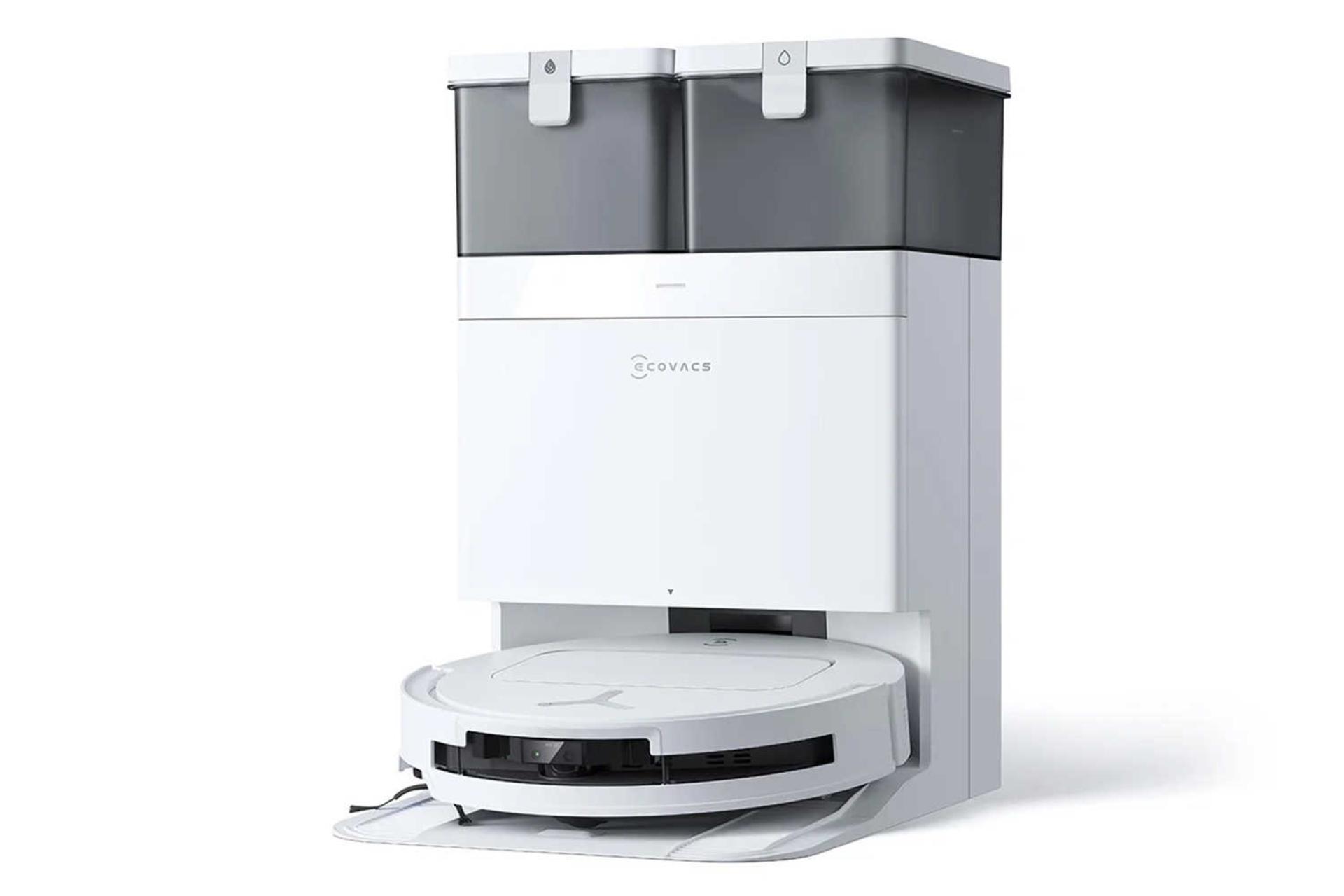 نمای سمت راست جارو رباتیک اکووکس DEEBOT T50 PRO OMNI به همراه مخزن تخلیه خودکار زباله رنگ سفید