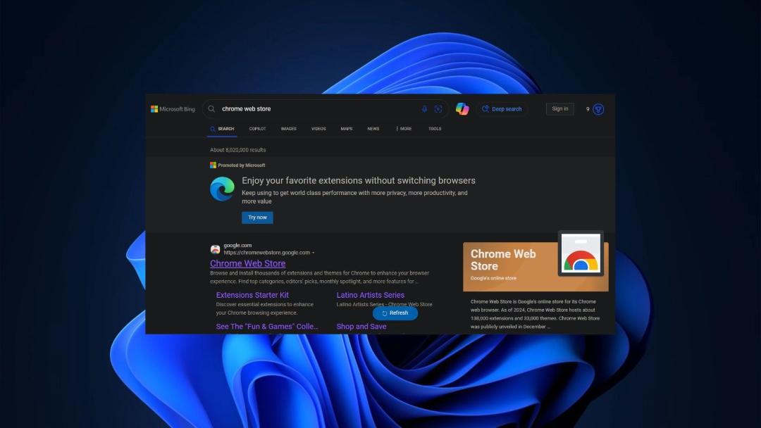 صفحه‌ی نتایج جست‌وجوی Google Web Store در بینگ 