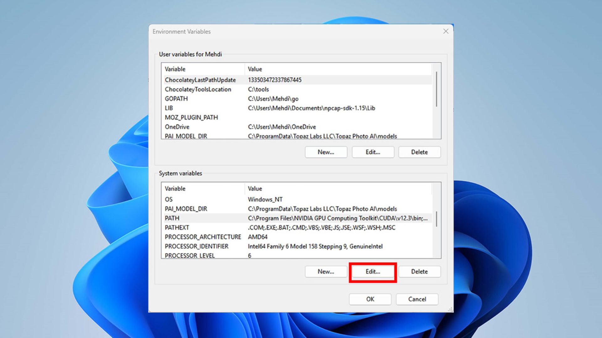 ویرایش متغیر PATH در بخش Environment Variables ویندوز