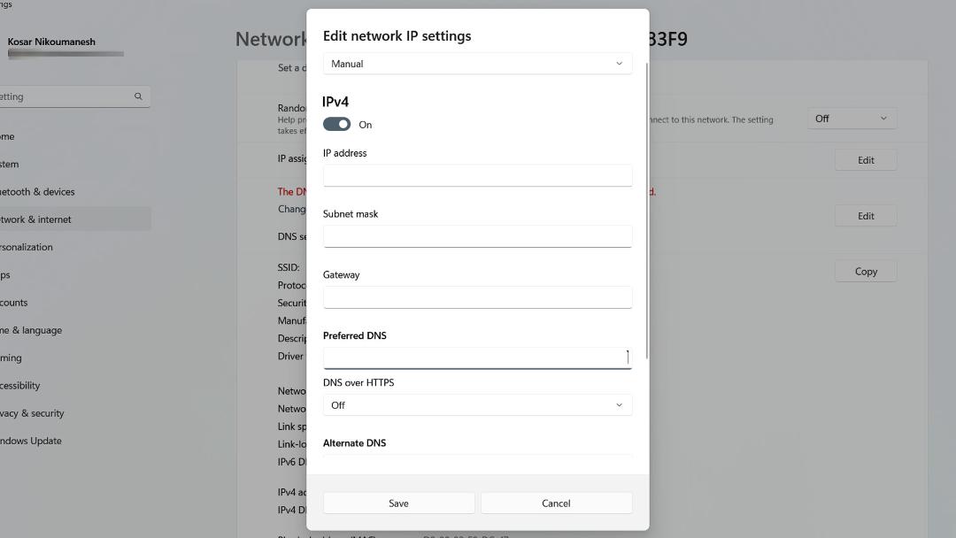 پنجره‌ی Edit Network IP Settings