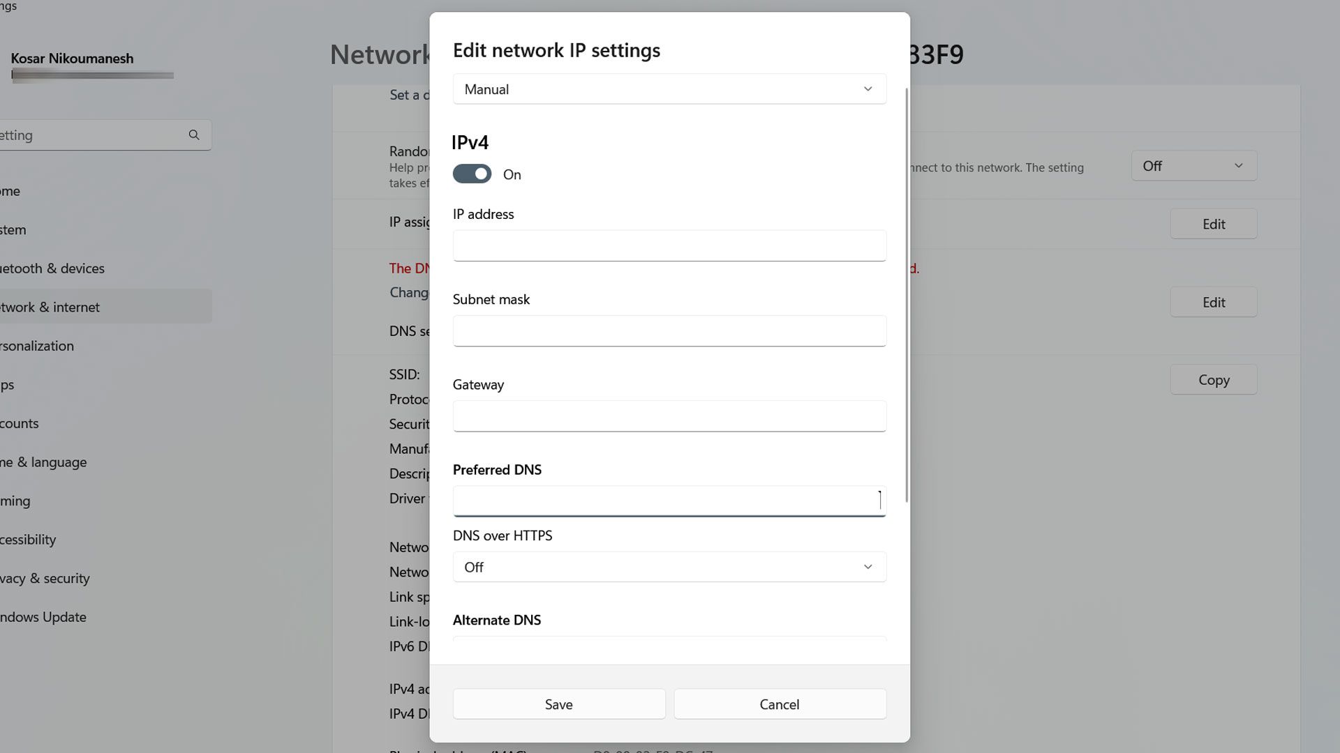 پنجره‌ی Edit Network IP Settings