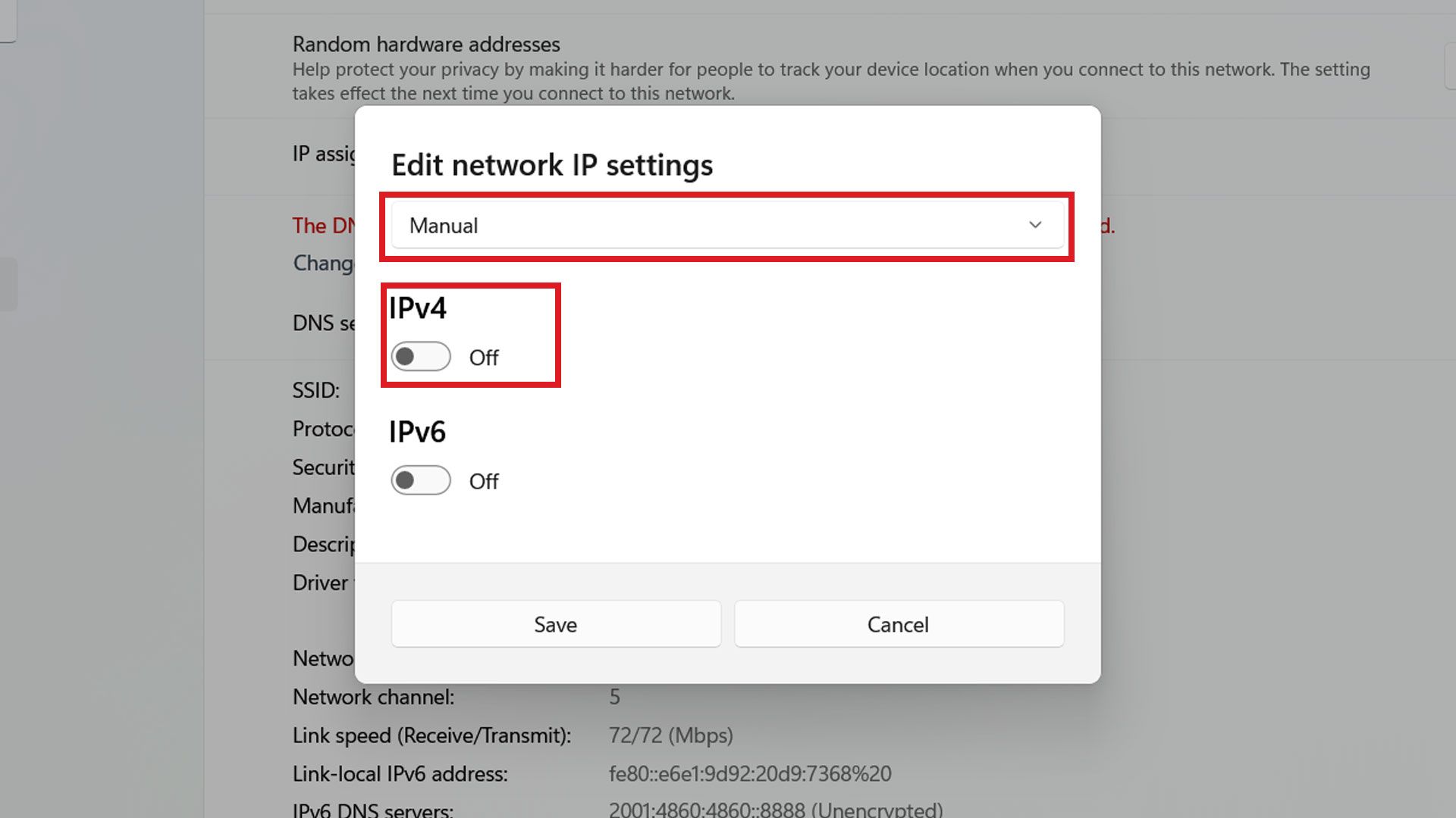 پنجره‌ی Edit Network IP Settings