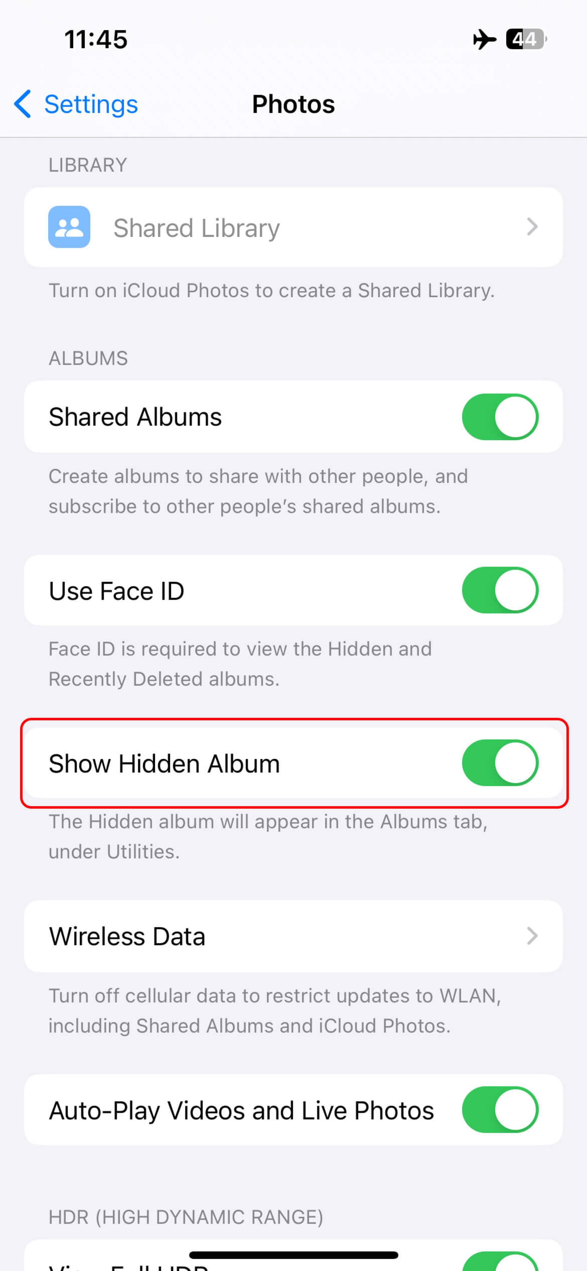روشن کردن دکمه Show Hidden Album