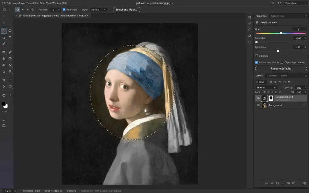 نقاشی دختر با گوشواره مروارید (Girl with a Pearl Earring) در محیط نرم‌افزار ادوبی فتوشاپ