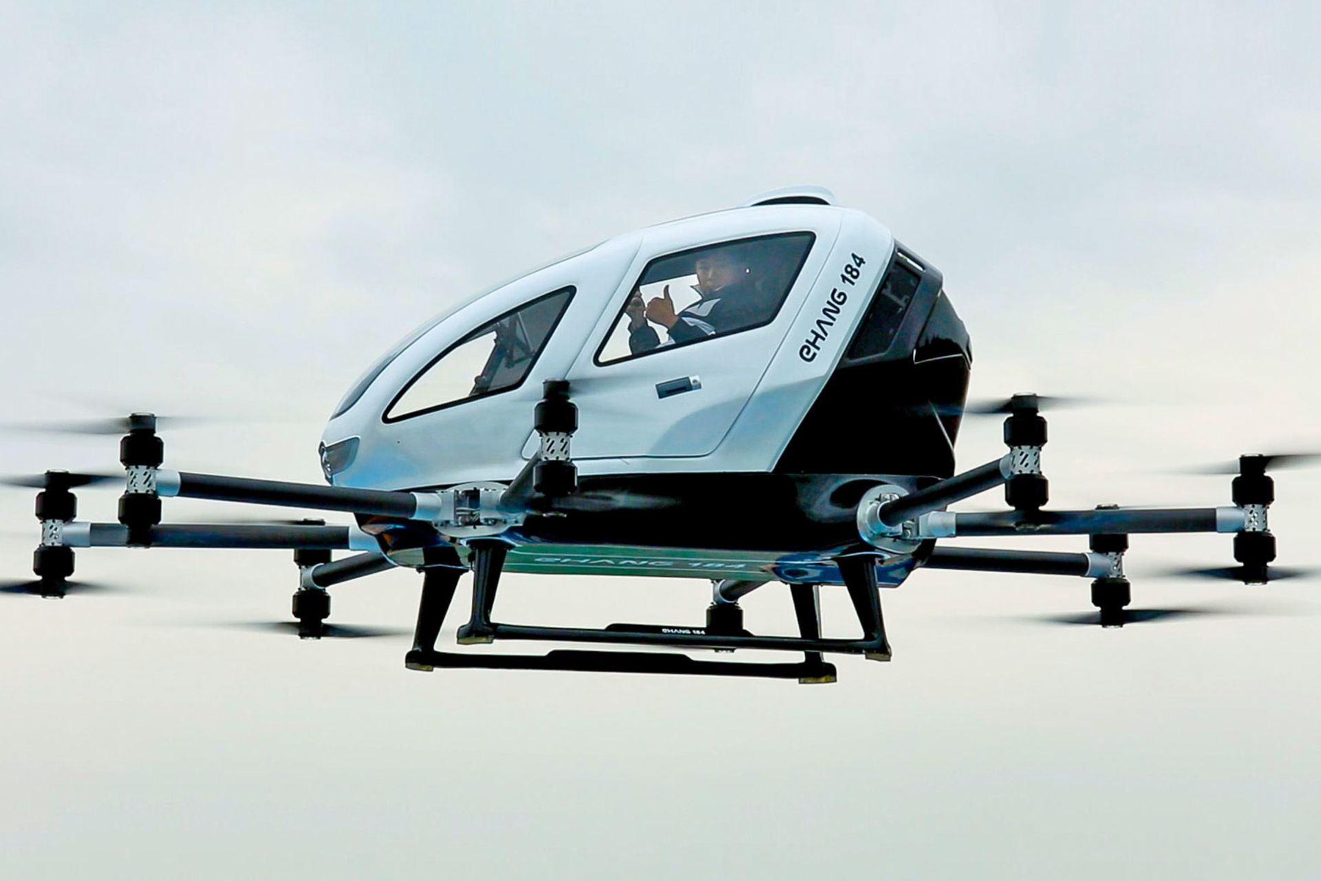 A man inside the EH216-S drone of EHang company