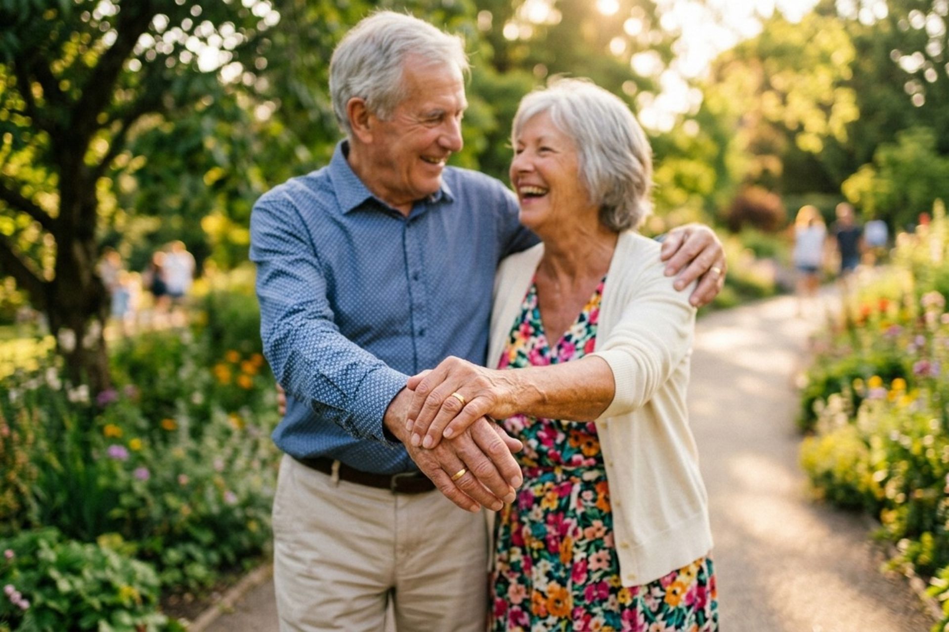 زوج سالمند شاد در محیطی سرسبز که حلقه‌های ازدواجشان را نشان می‌دهند.