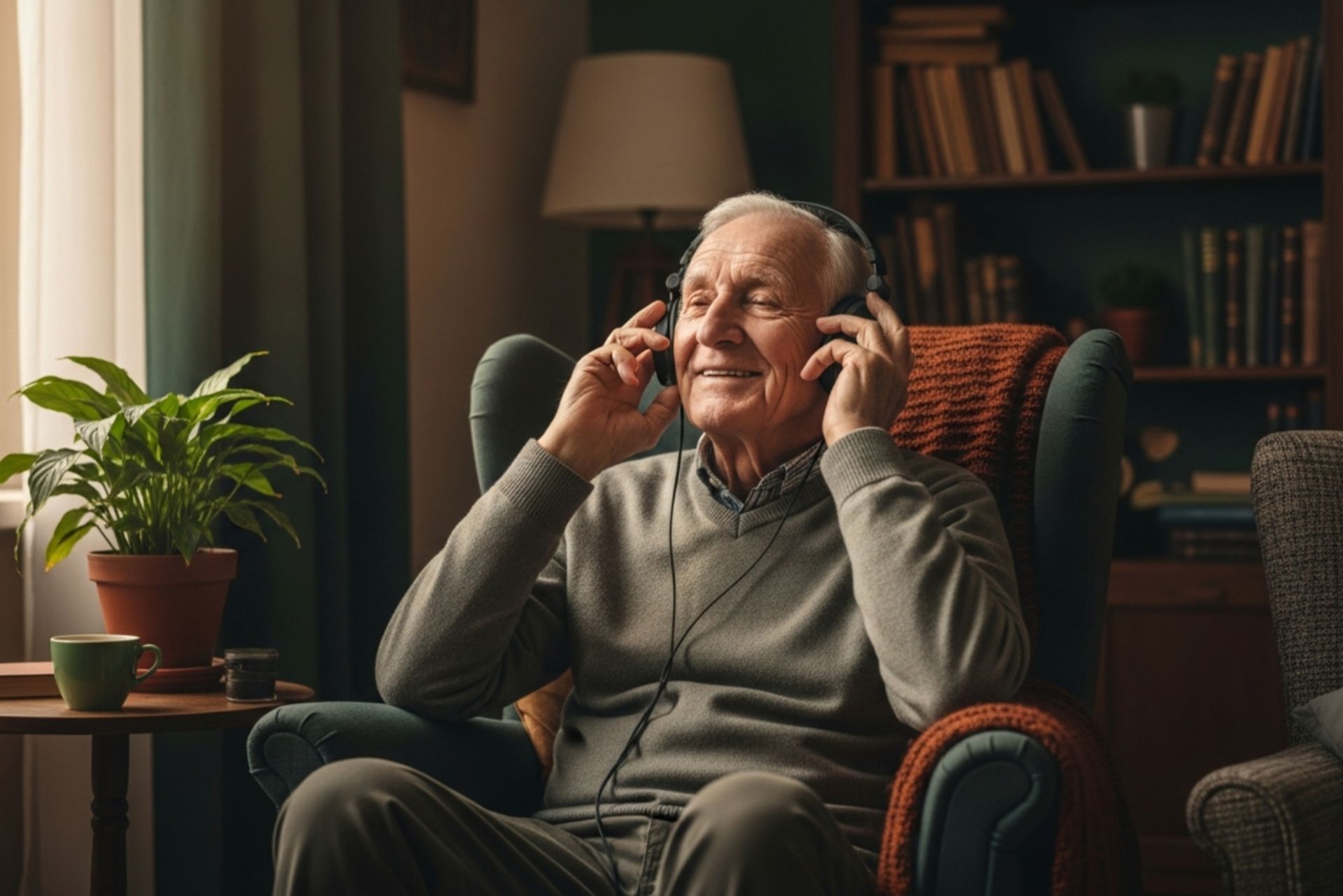 پیرمردی با هدفون که با آرامش به موسیقی گوش میدهد.