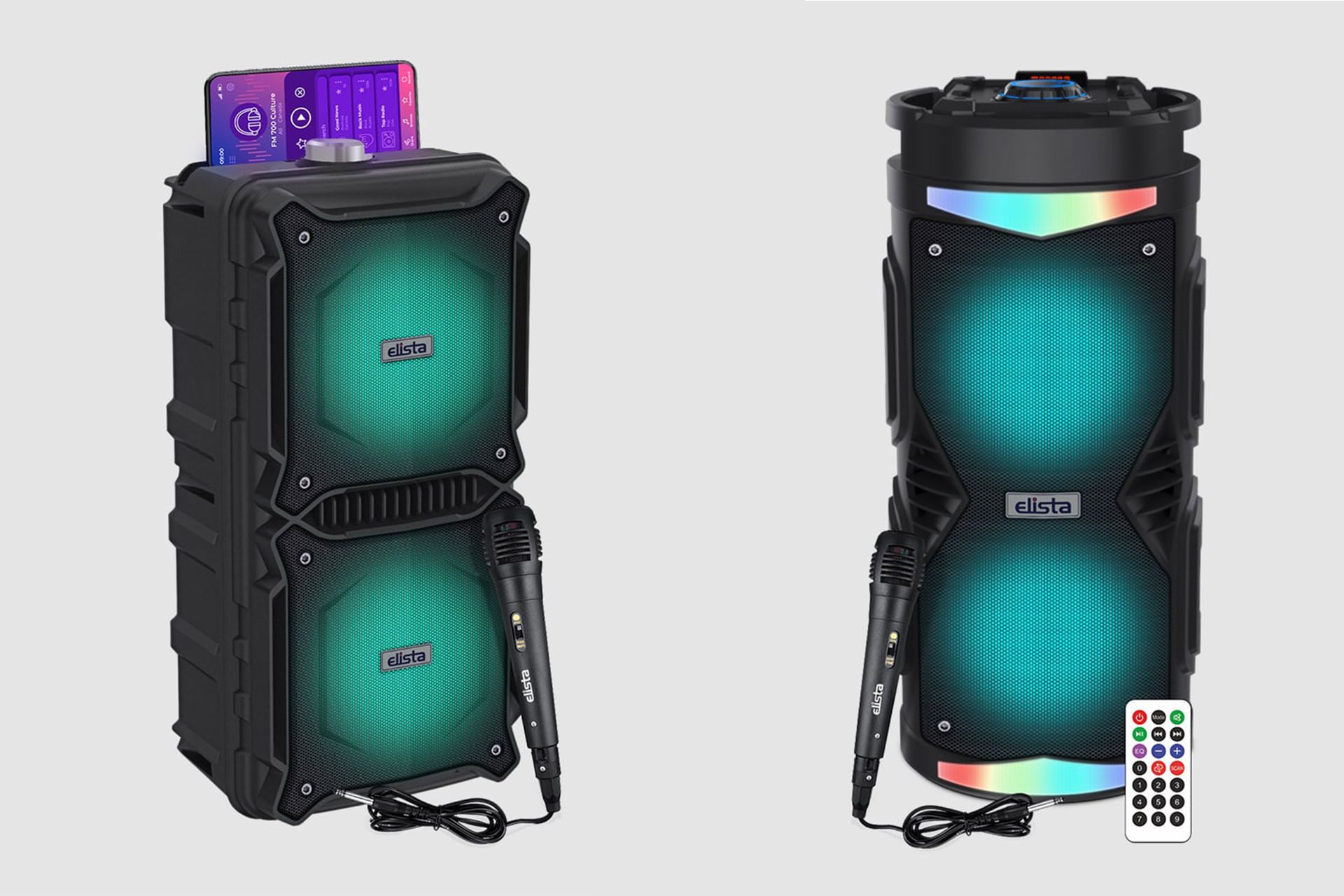 دو اسپیکر پارتی با گوشی و کنترل ریموت درحال پخش موسیقی