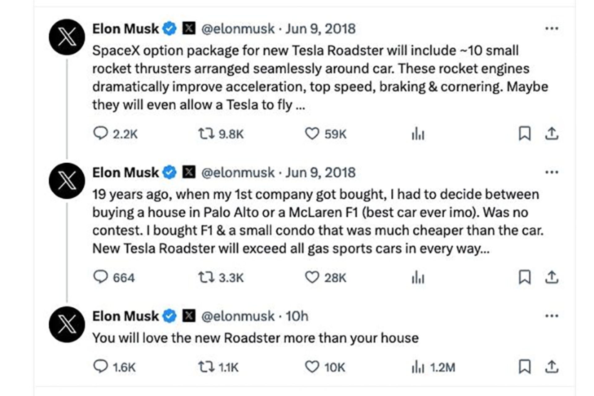 Elon Musk's tweet about the second generation Roadster