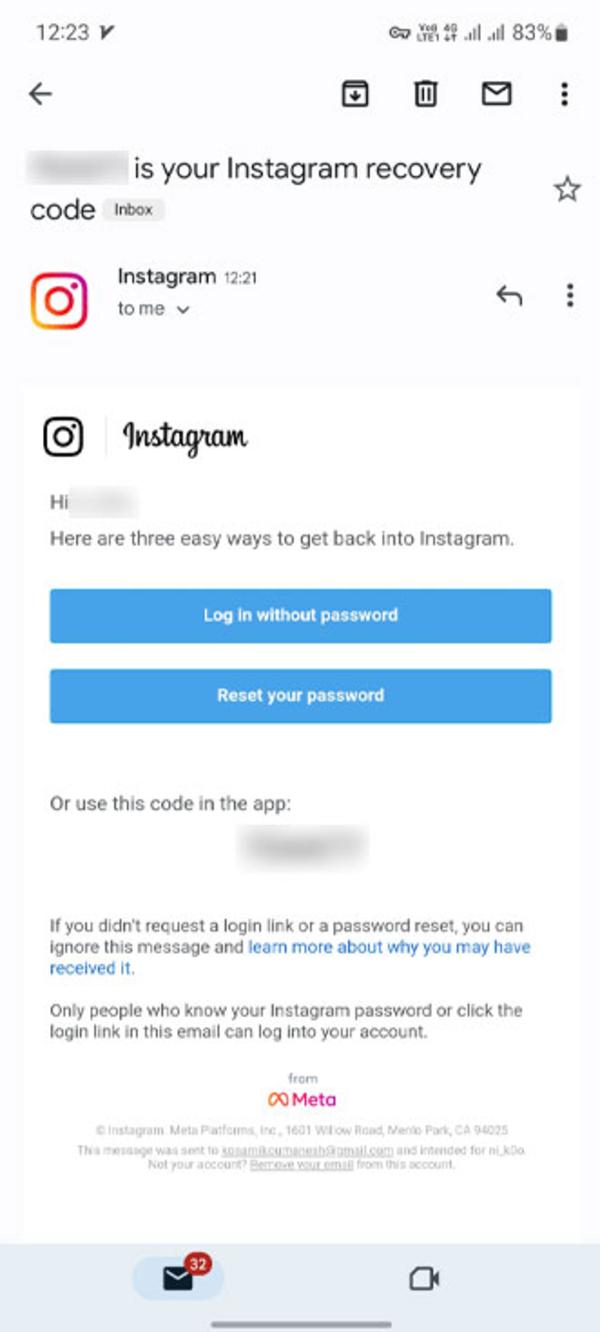 Instagram password recovery email
