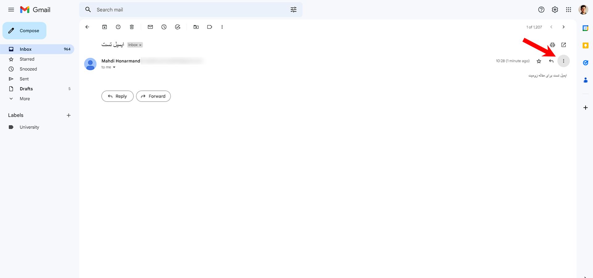 اسکرین شات صفحه جیمیل که ایمیل فردی باز است و متن آن نشان داده می شود
