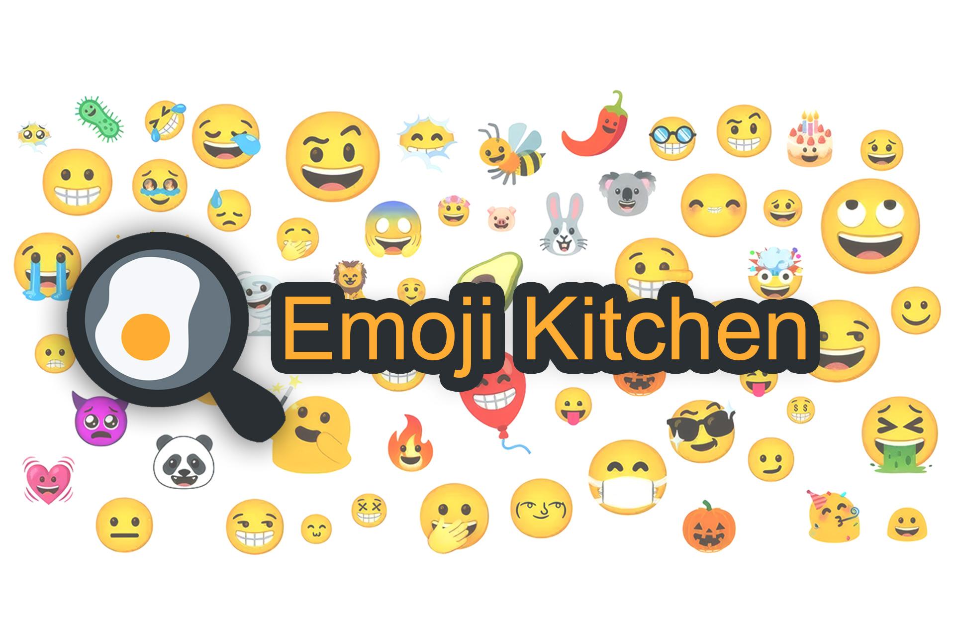 عبارت Emoji Kitchen در کنار ایموجی تخم‌مرغ در ماهیتابه با پس زمینه‌ی ایموجی‌های ترکیبی گوناگون