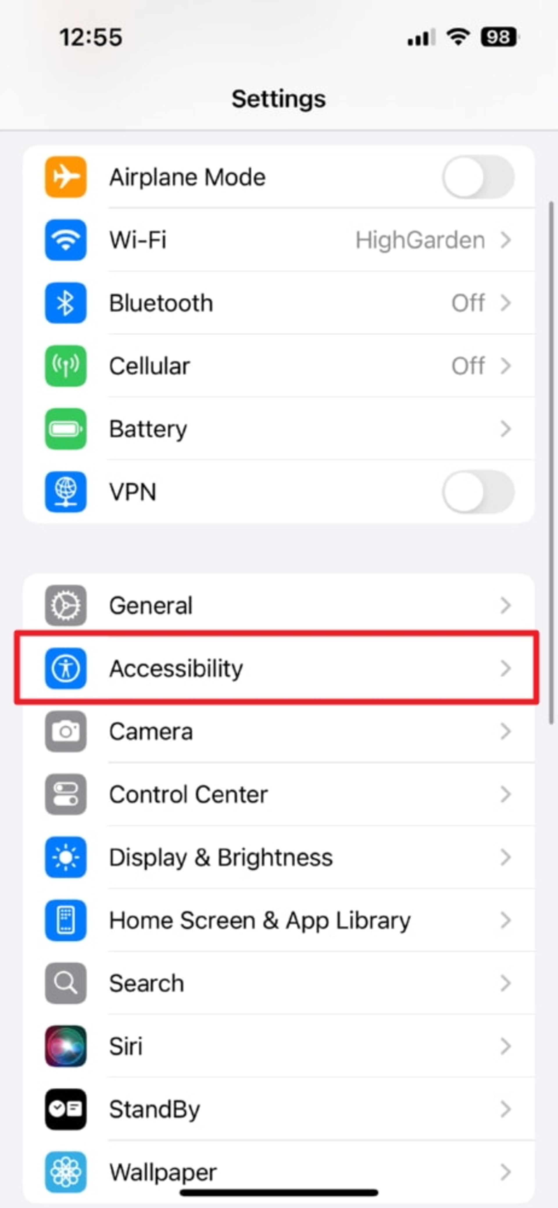 گزینه‌ی Accessibility در منوی ستینگ iOS