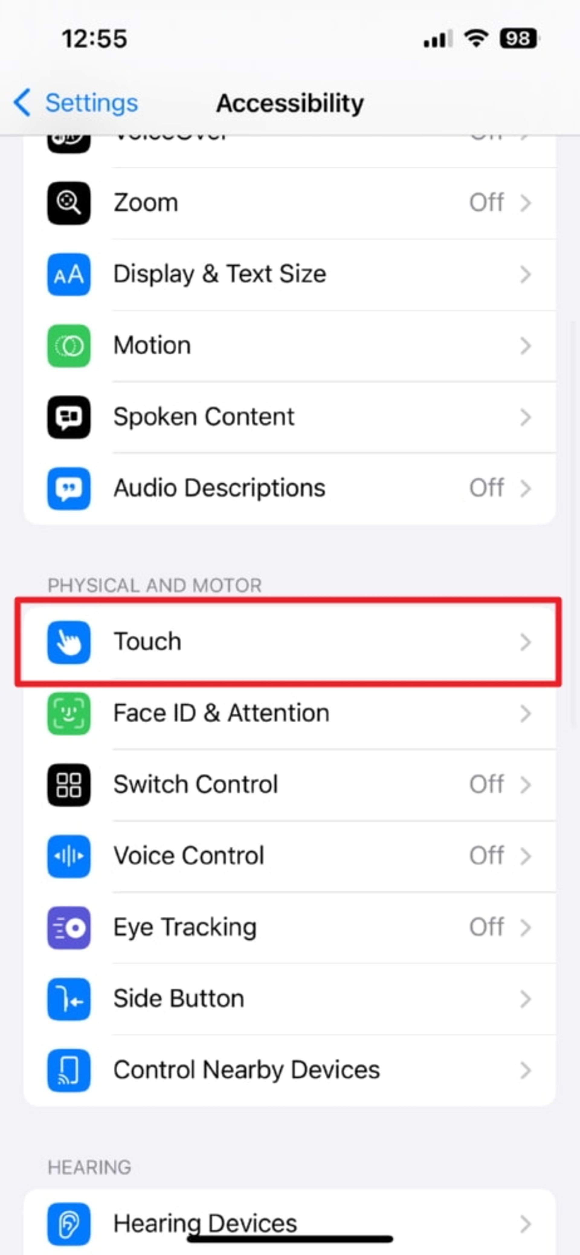 گزینه‌ی Touch در  بخش Accessibility در منوی ستینگ iOS