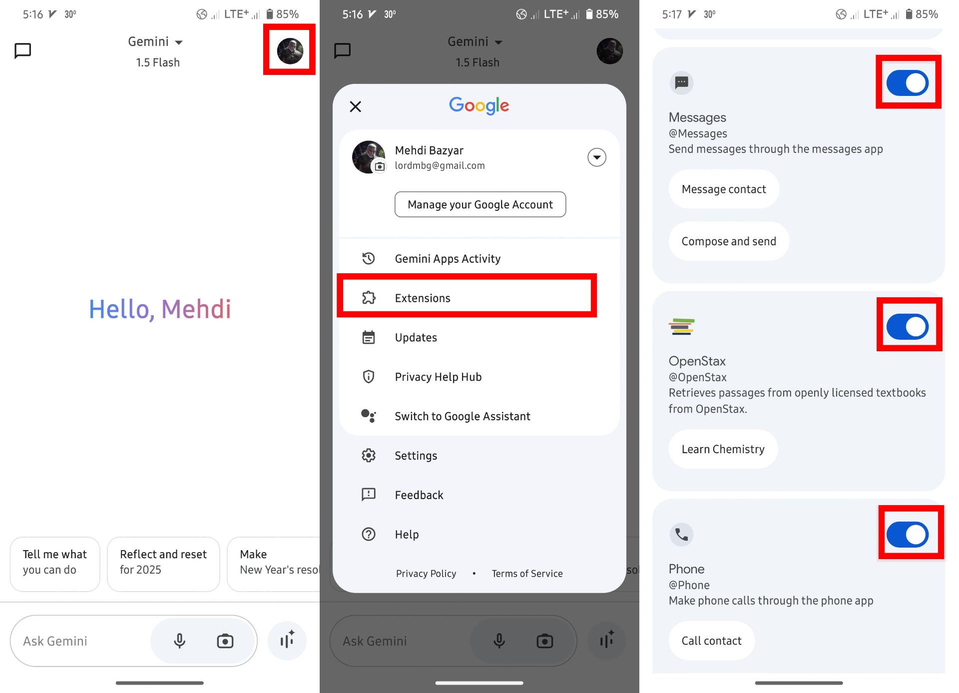 مراحل فعال‌سازی افزونه‌ها در جمینای اندروید