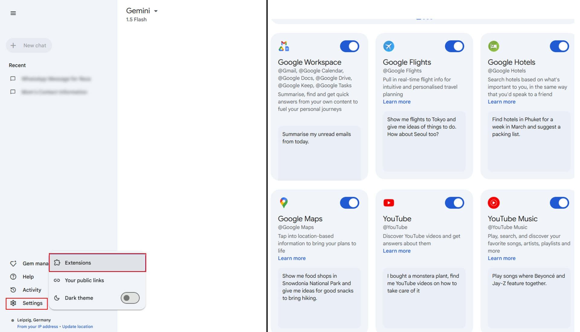 مراحل فعال‌سازی افزونه‌ها در نسخه‌ی وب جمینای