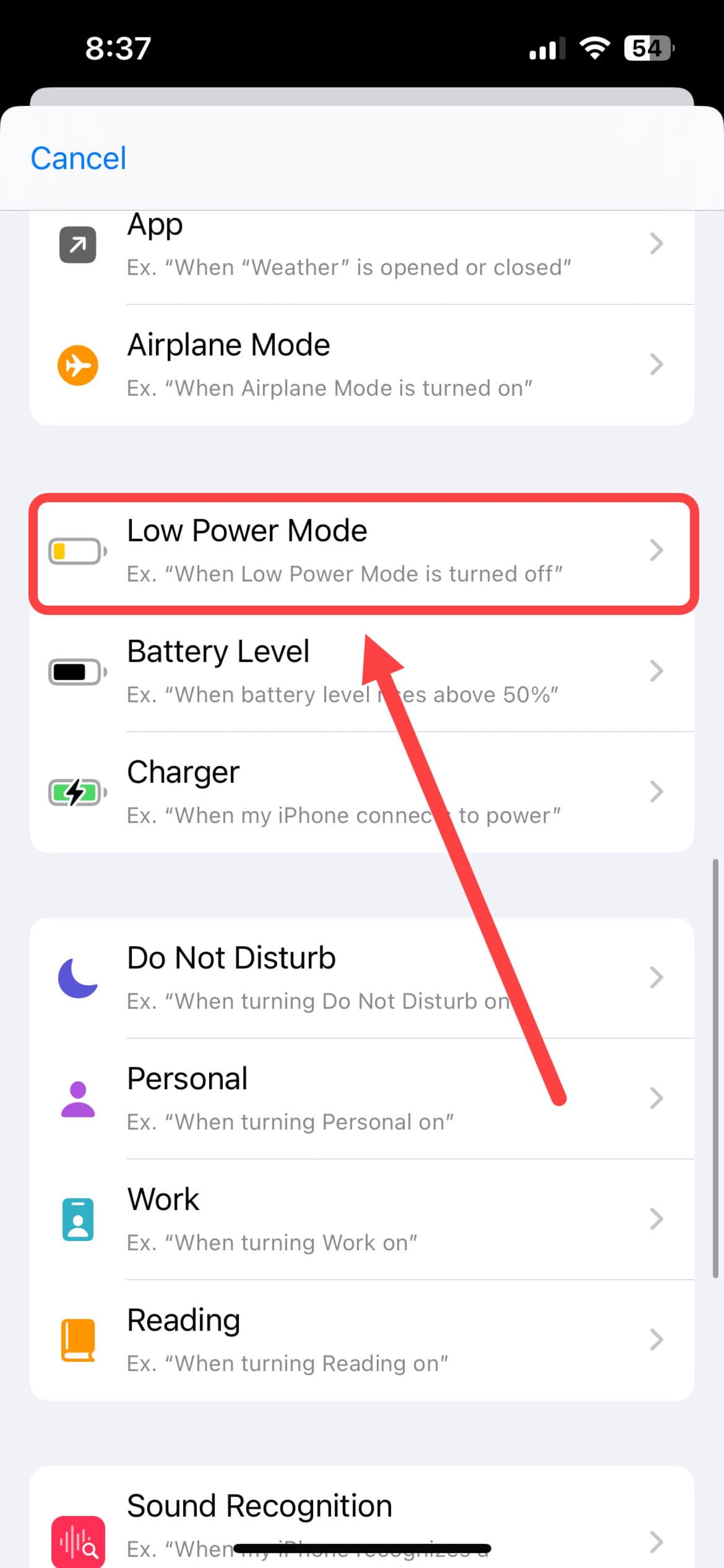 Low Power Mode در اپلیکیشن شورتکارت آیفون