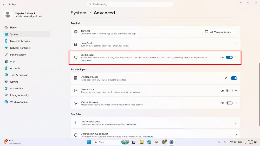 تنظیمات فعال‌سازی قابلیت sudo در بخش Advanced سیستم ویندوز ۱۱