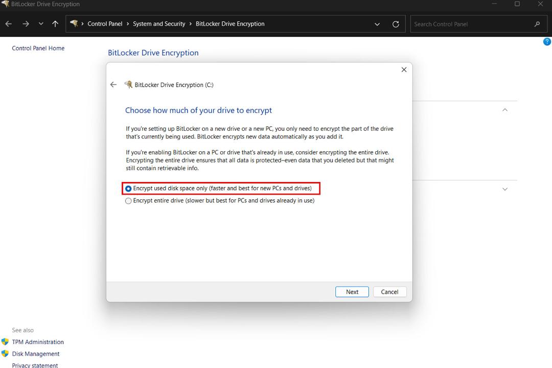 پنجره BitLocker Drive Encription
