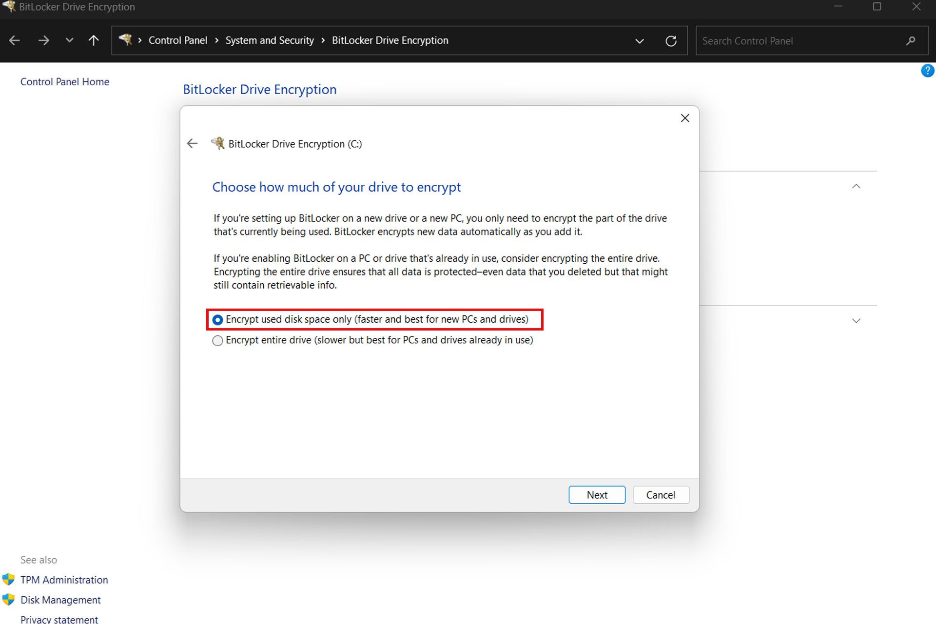 پنجره BitLocker Drive Encription