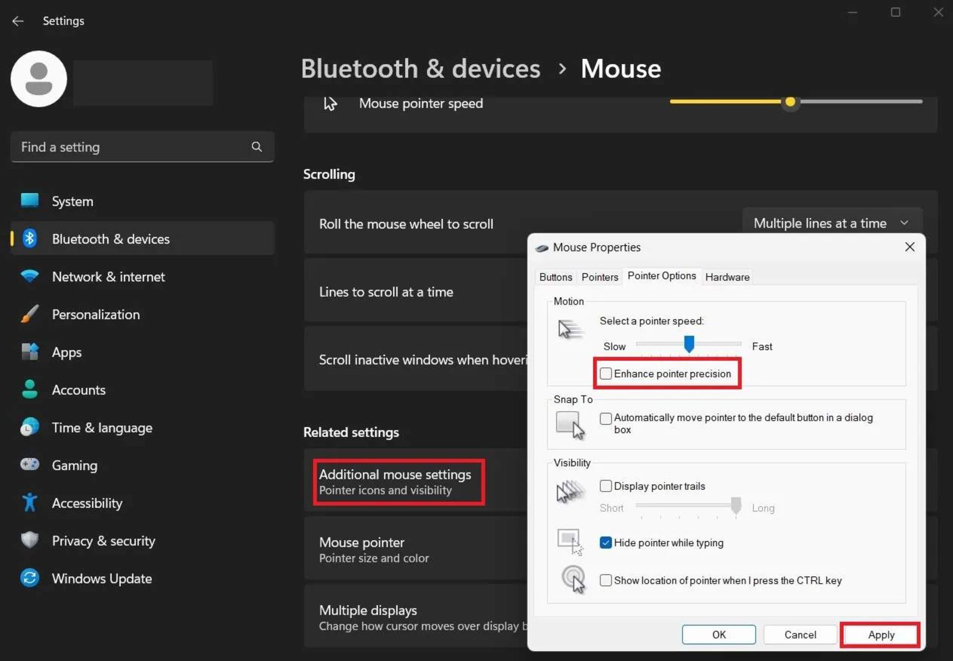 غیرفعال کردن بهبود حرکت ماوس در ویندوز ۱۱