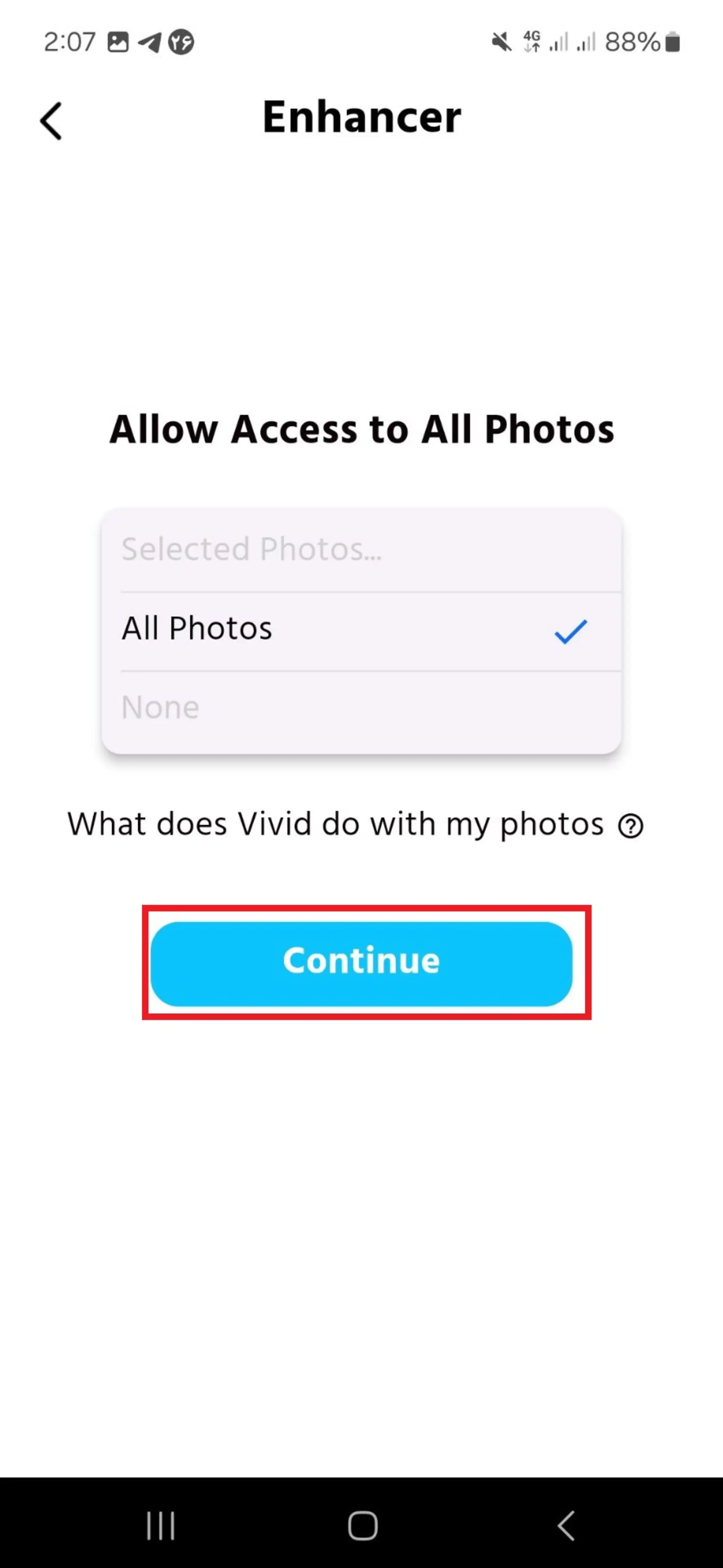 گزینه‌ی ادامه در نرم افزار بهبود کیفیت عکس vivid