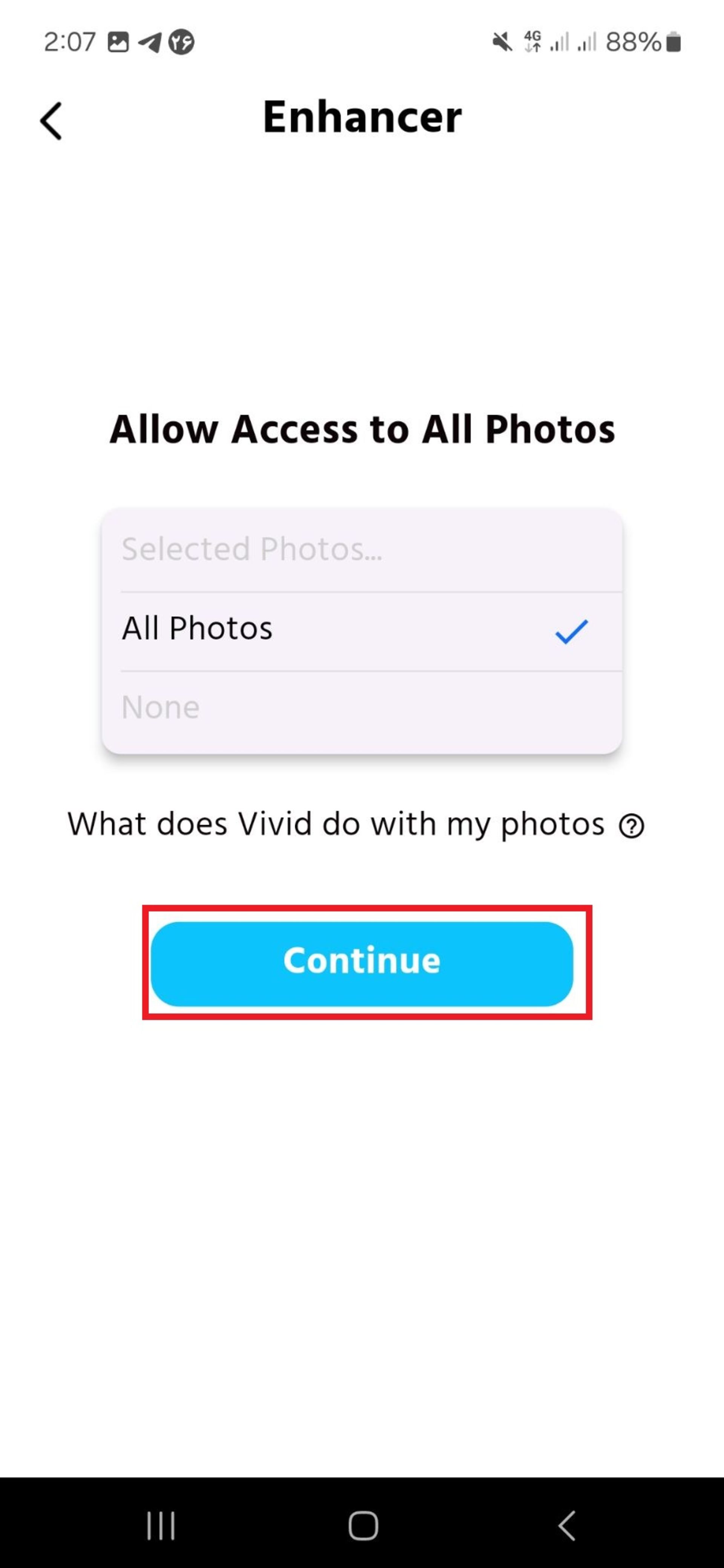 گزینه‌ی ادامه در نرم افزار بهبود کیفیت عکس vivid