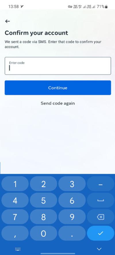 Enter the code sent via sms