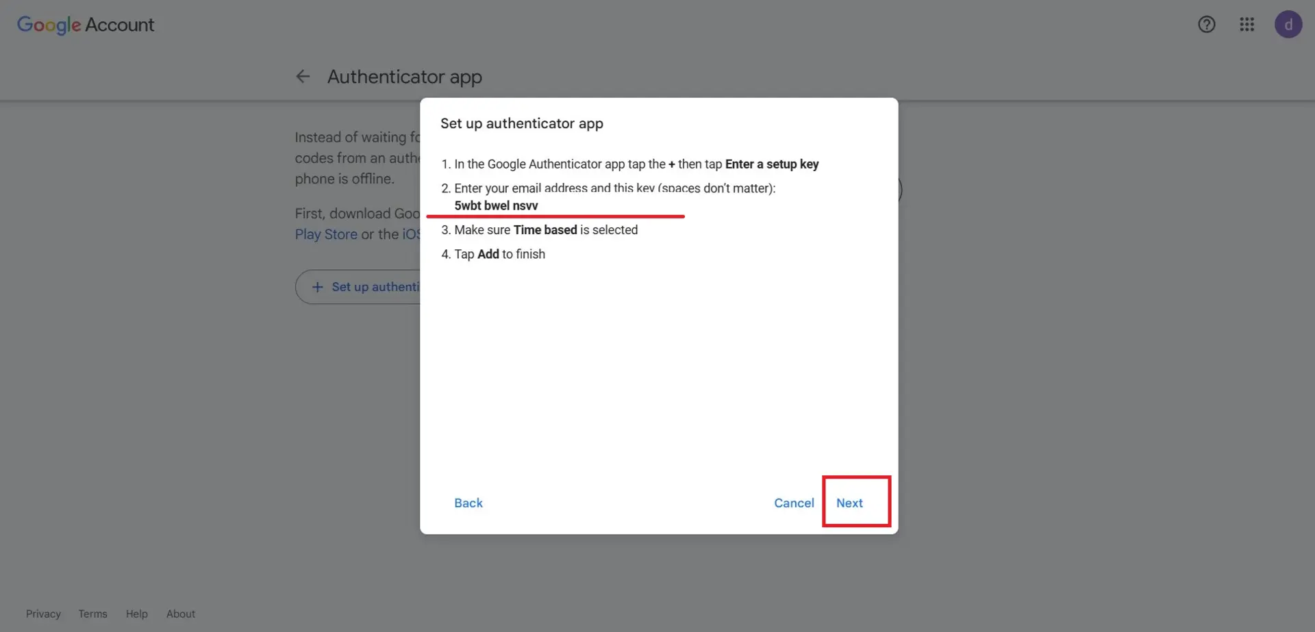 کد دریافتی از اپلیکیشن google authenticator