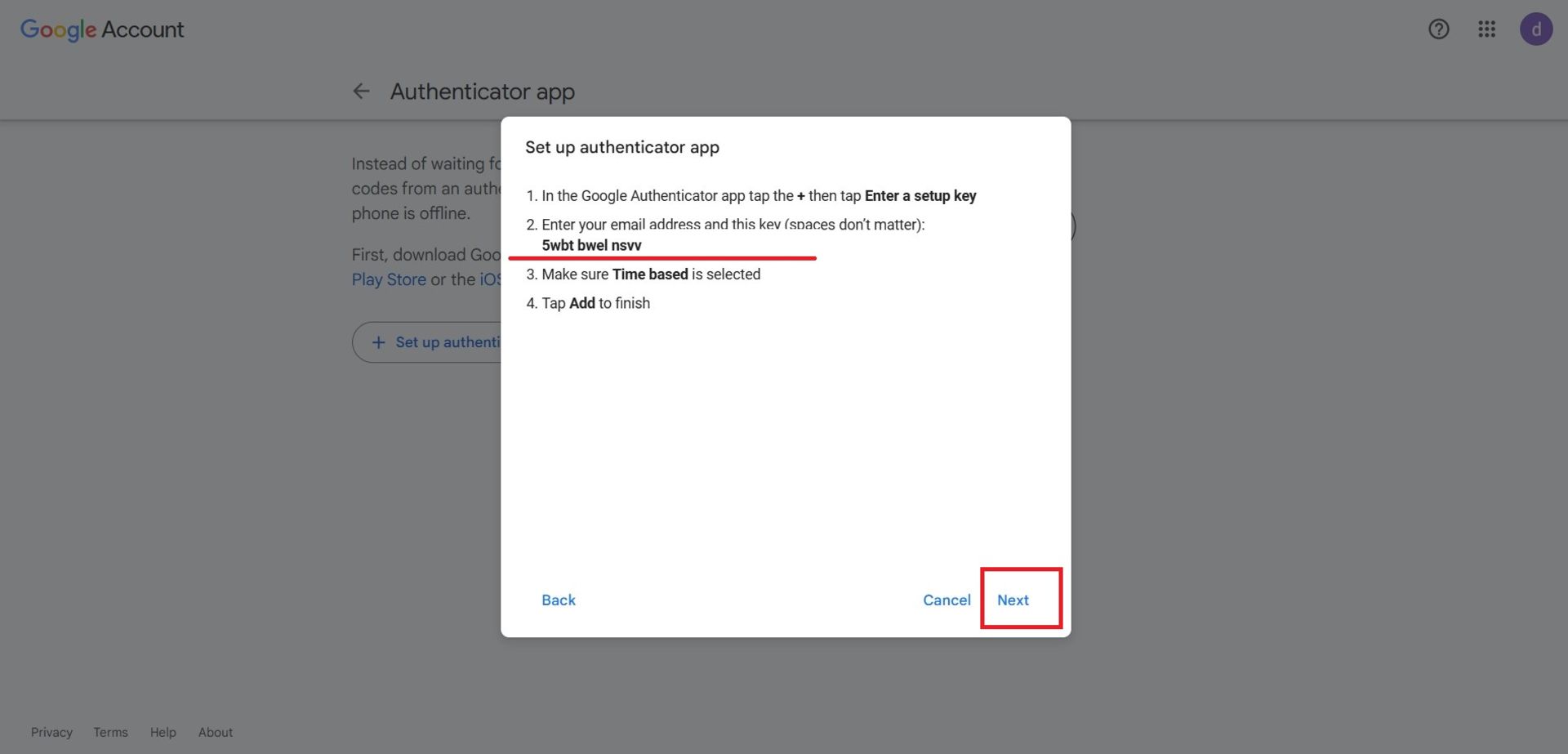 کد دریافتی از اپلیکیشن google authenticator
