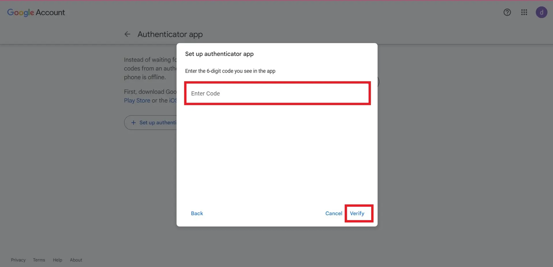 وارد کردن کد دریافتی از اپلیکیشن google authenticator
