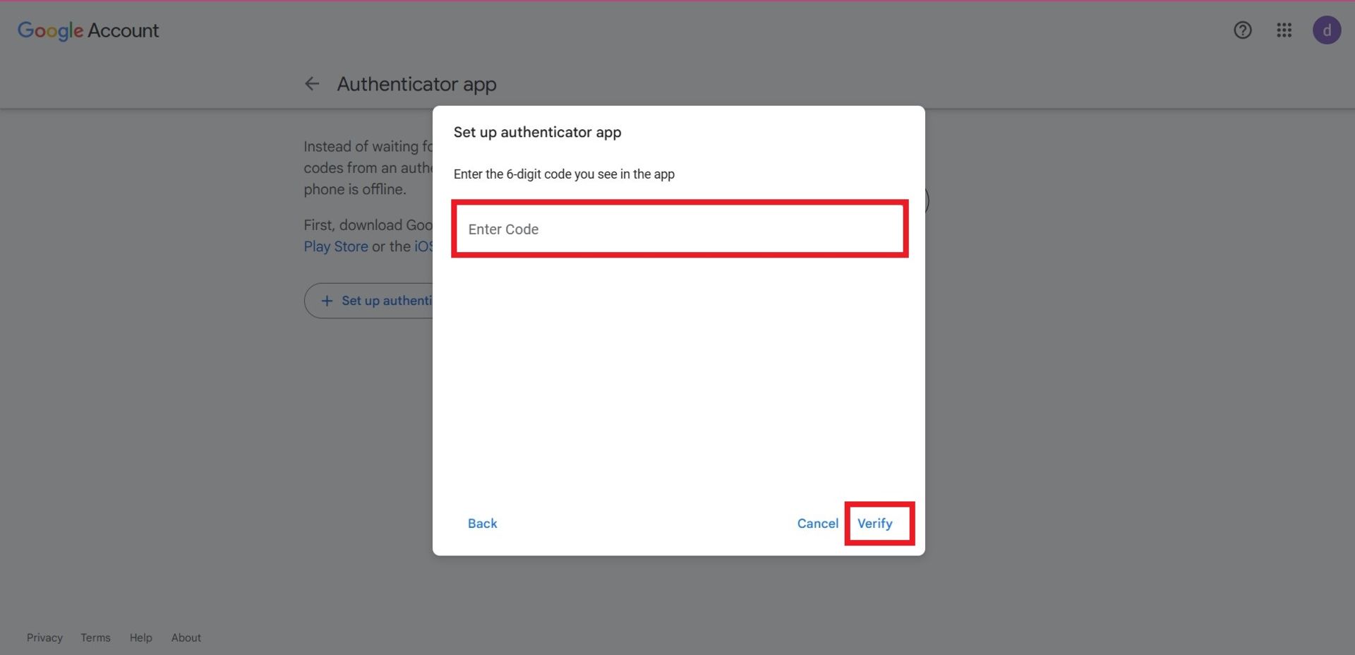وارد کردن کد دریافتی از اپلیکیشن google authenticator